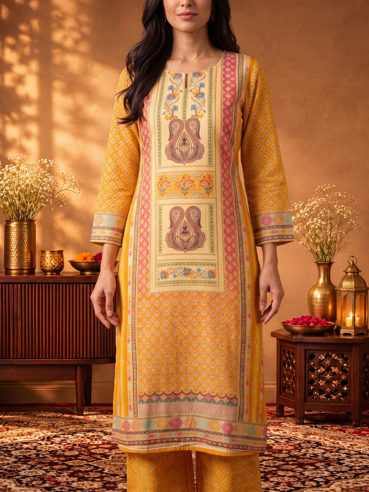 Women Coral Red Burlin Floral Kurta Comfort Pant Dupatta