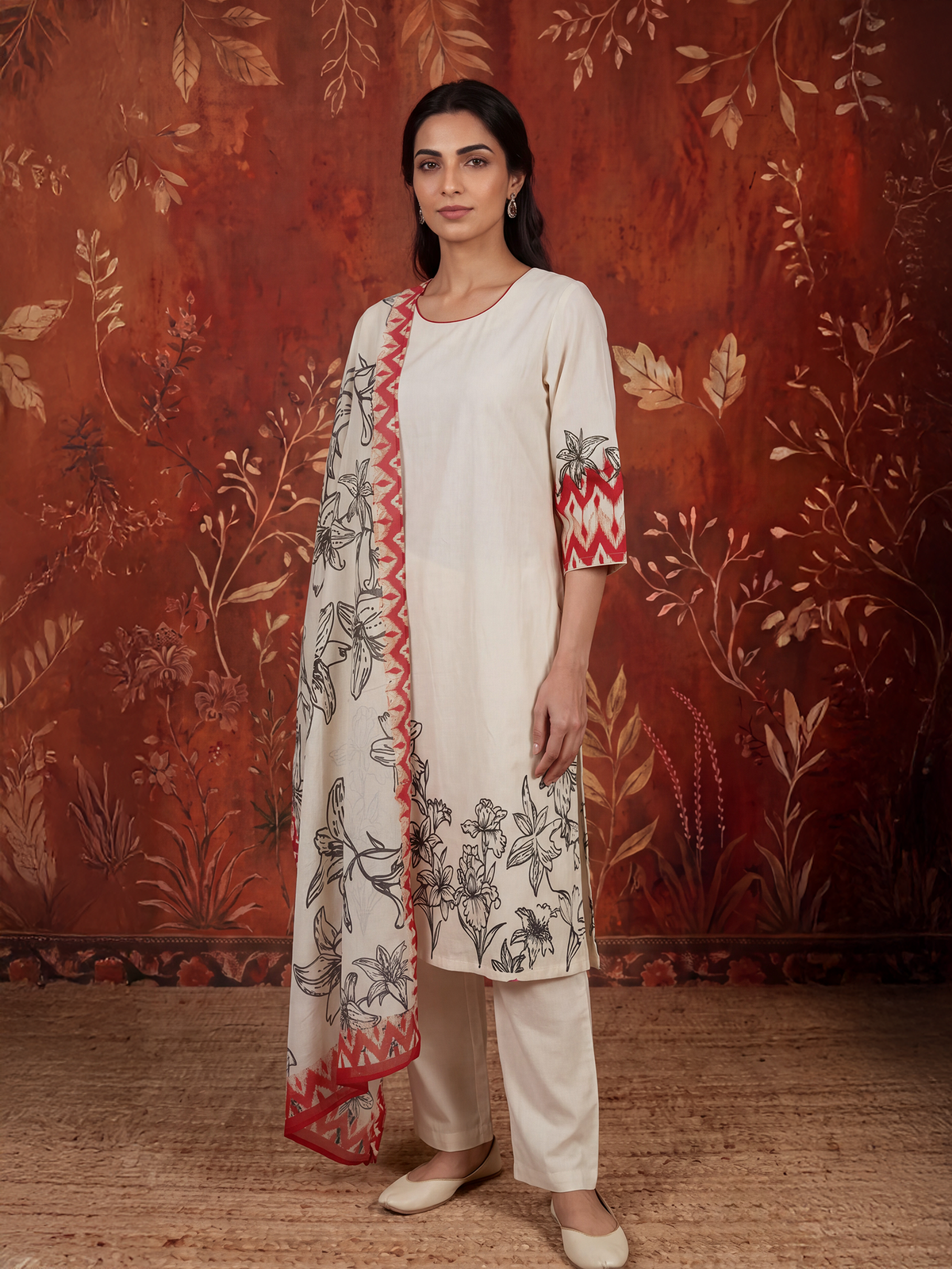 Women Off White Cambric Floral Kurta Comfort Pant Dupatta