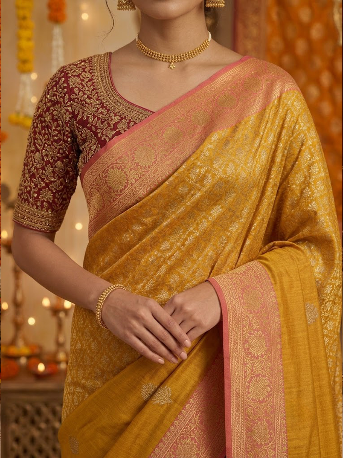 Women Yellow And Red Saree With Stitch Blouse