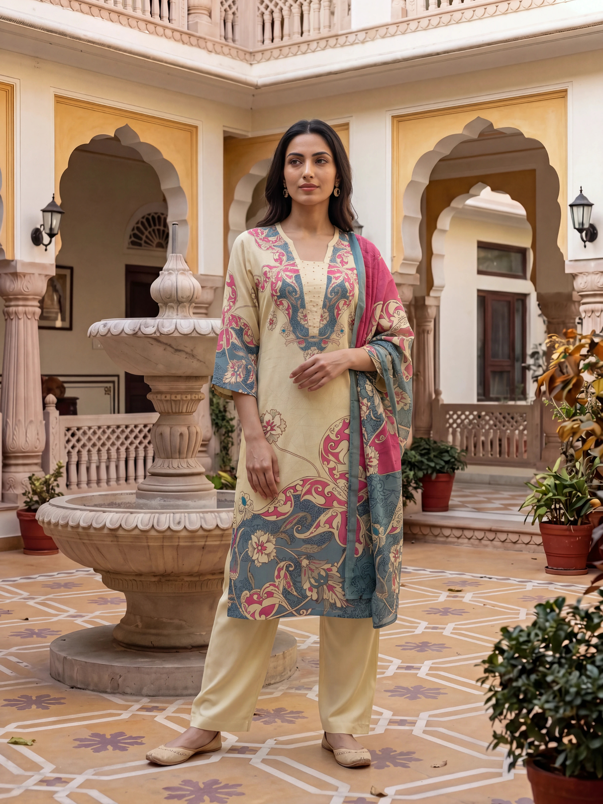 Women Beige Multi Rayon Floral Kurta Comfort Pant Dupatta