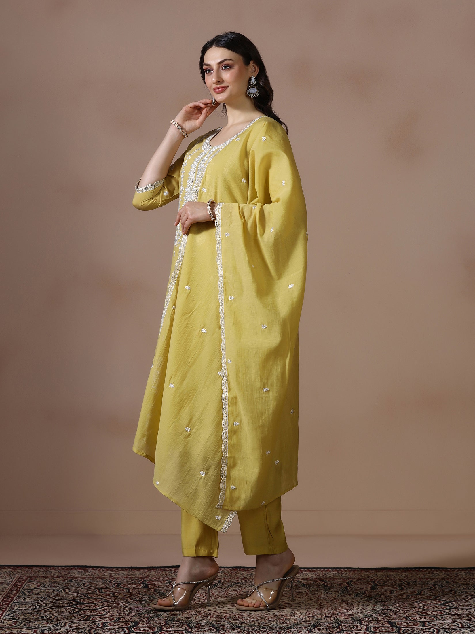 Women Mul Chanderi Mustard Embroidered Kurta Comfort Pant Dupatta