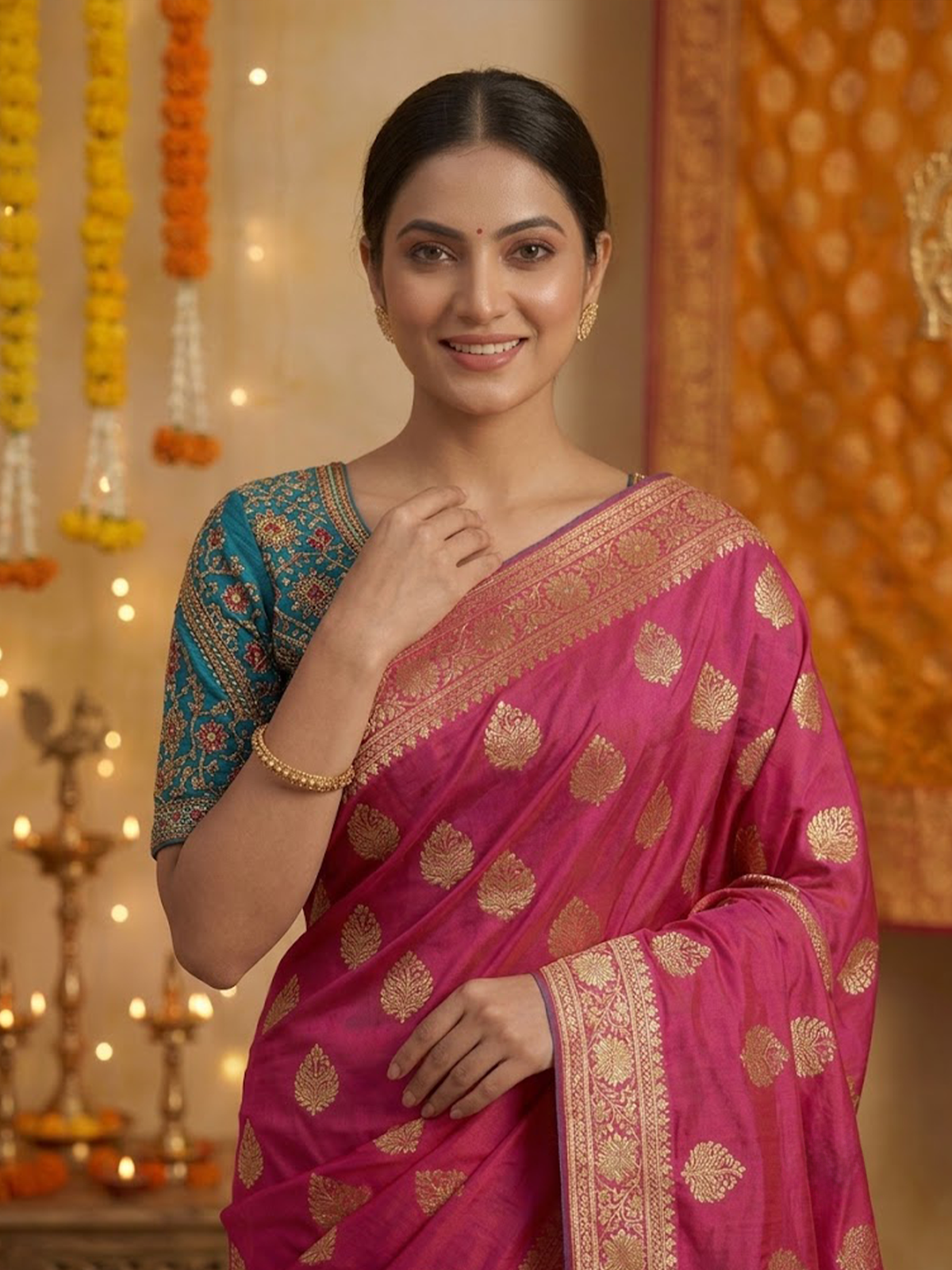 Women Pink And Green Saree With Stitch Blouse