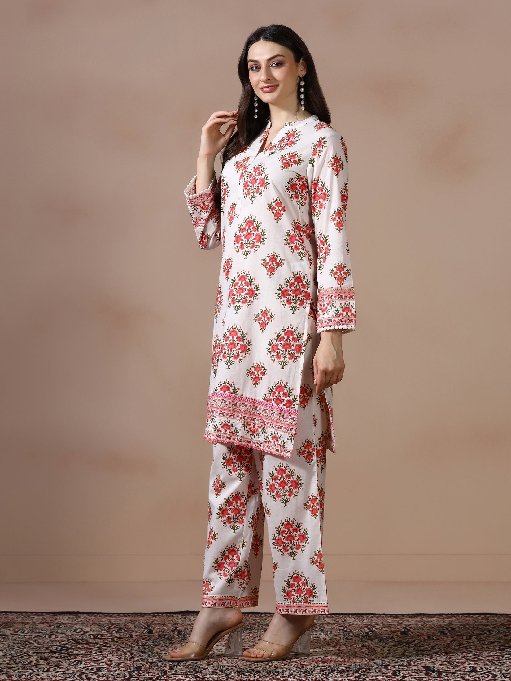 Women Cotton Off White and Peach Printed Co Ord Set