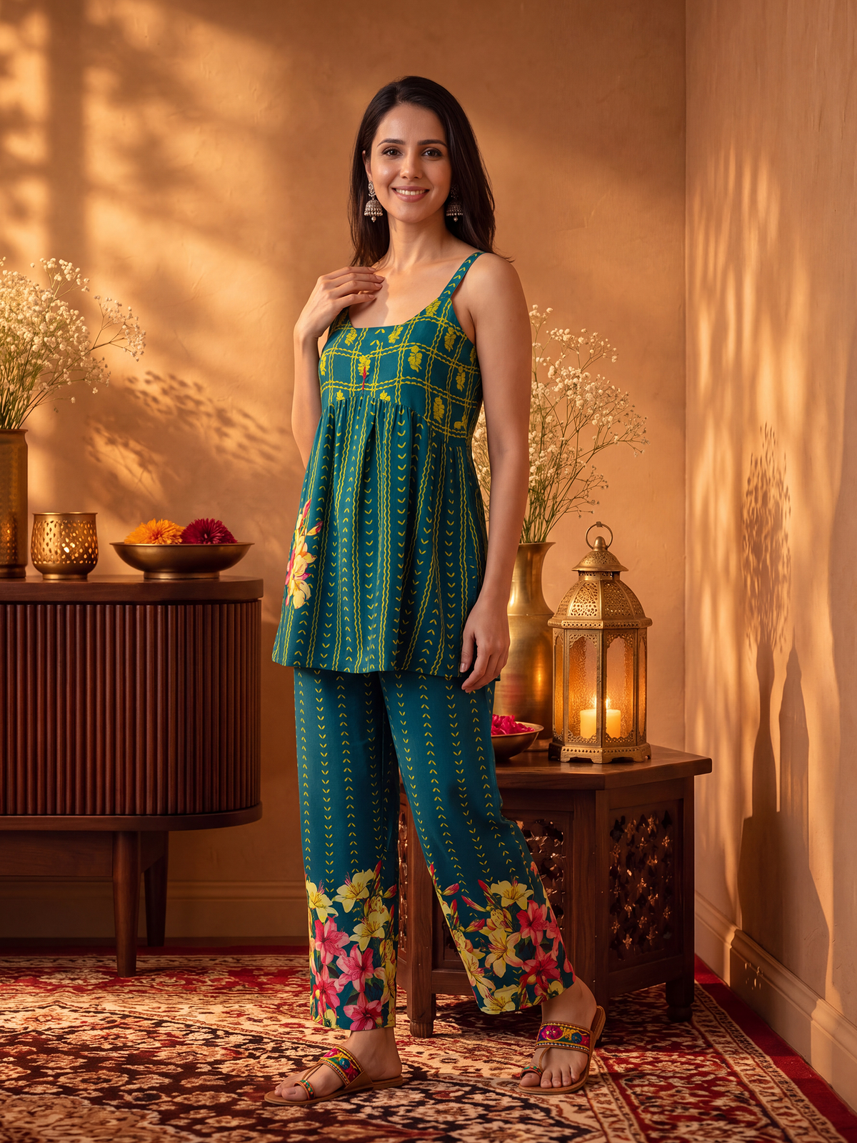 Women Teal Green Rayon Floral Co-Ord Set