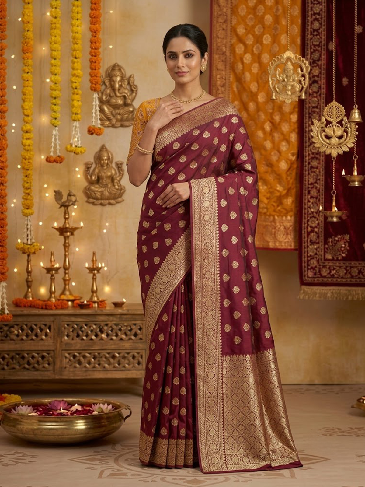 Women Plum And Yellow Viscose Saree With Stitch Blouse