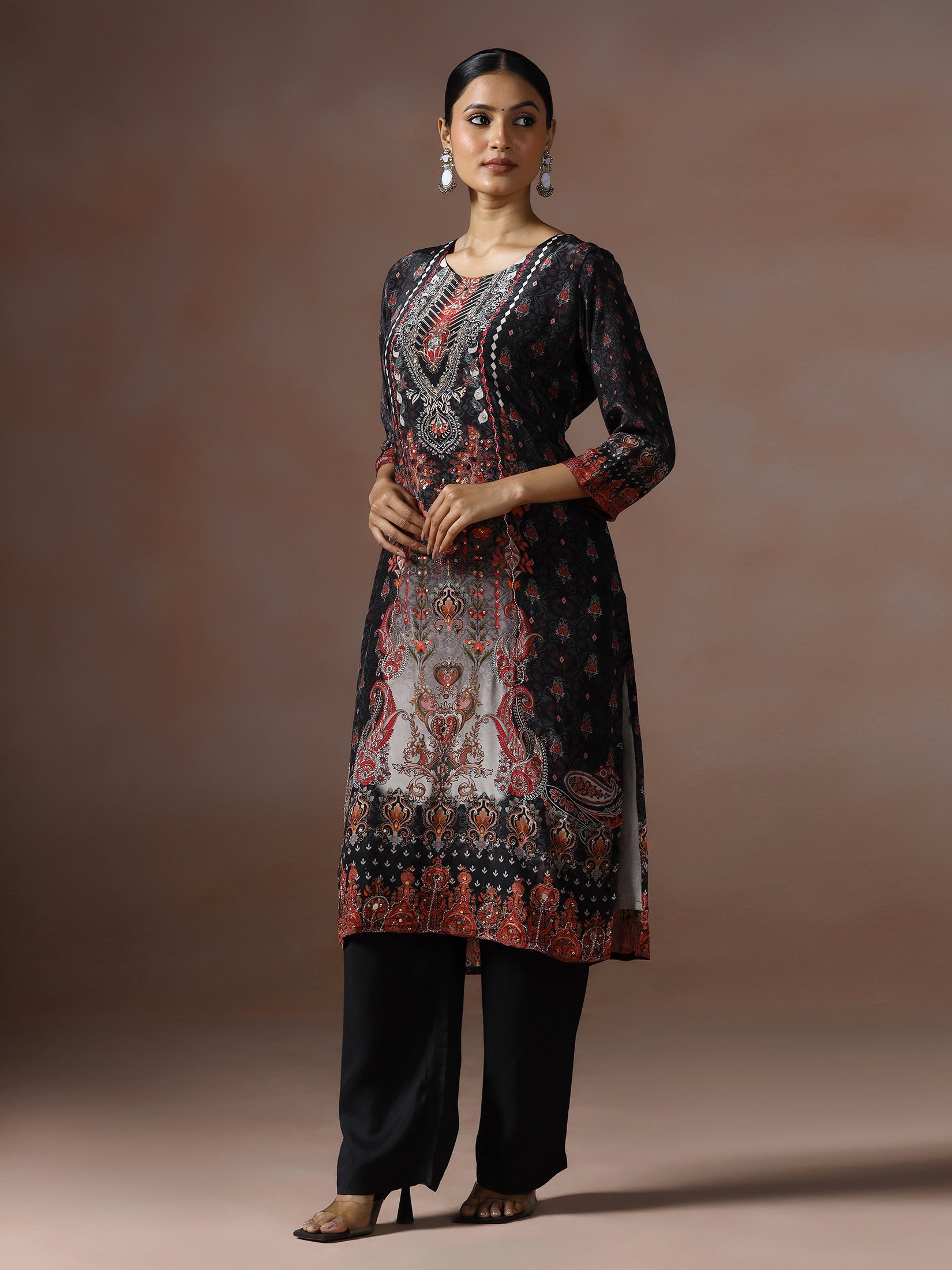 Women Natural Crepe Black Printed Kurta Comfort Pant Dupatta