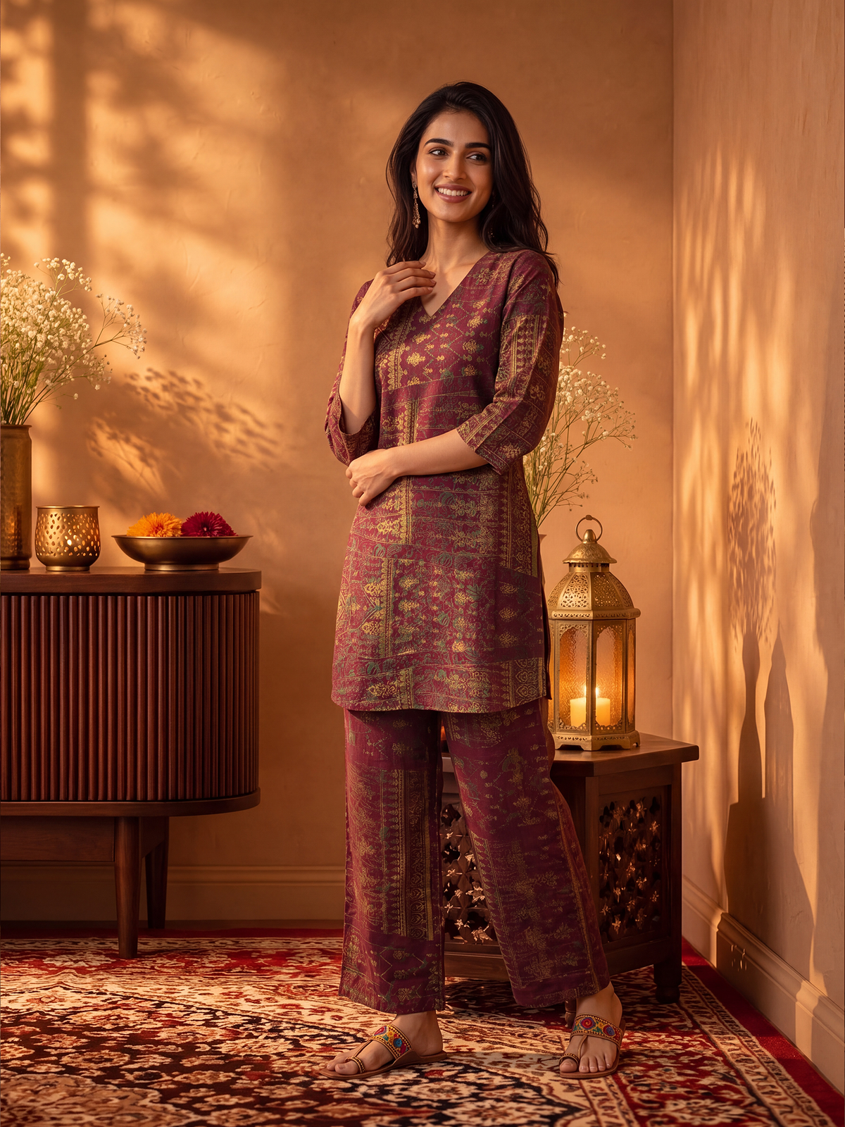 Women Burgundy Rayon Block Print Co-Ord Set