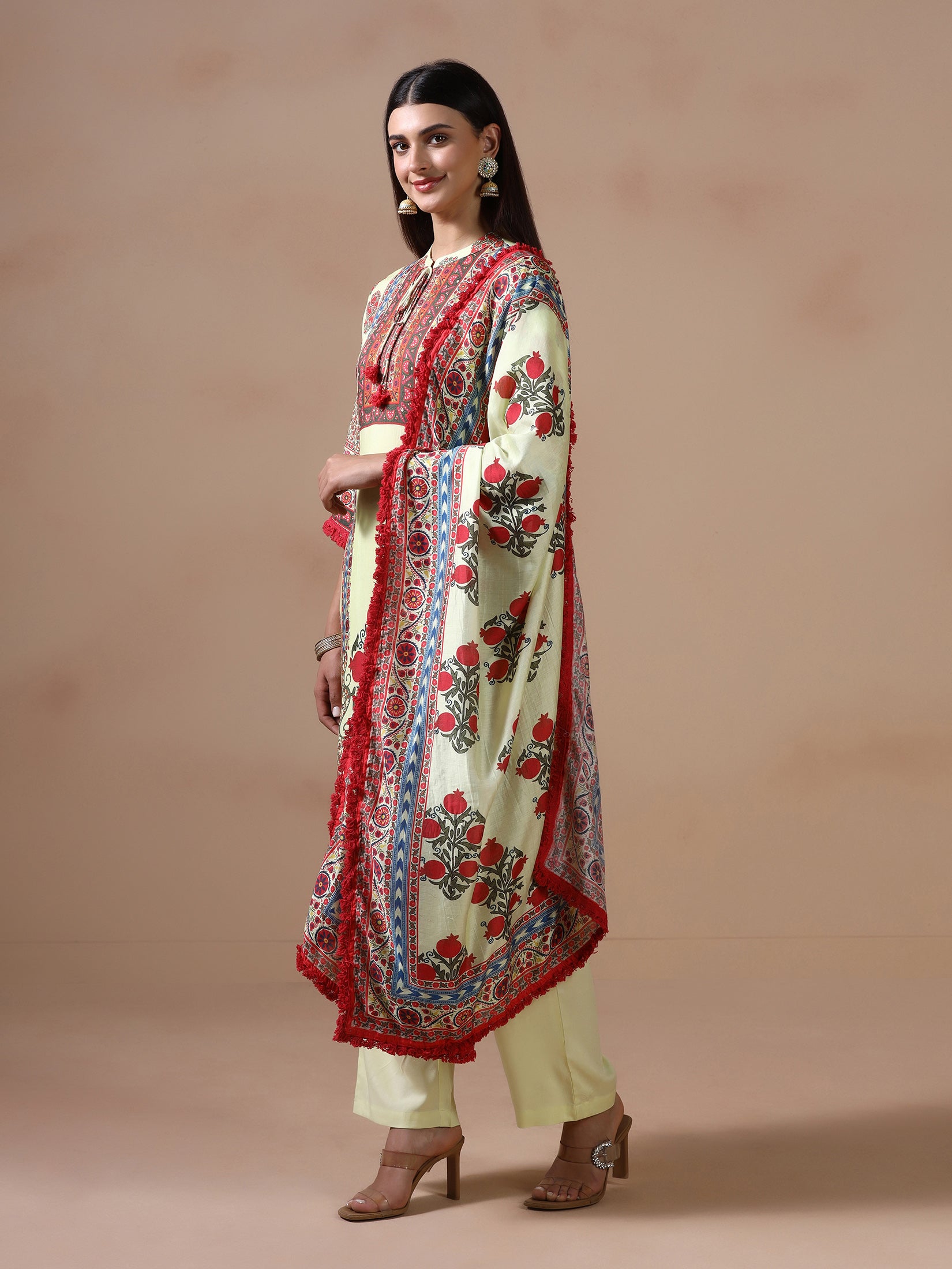 Women Liva Lime Yellow Printed Kurta Comfort Pant Dupatta