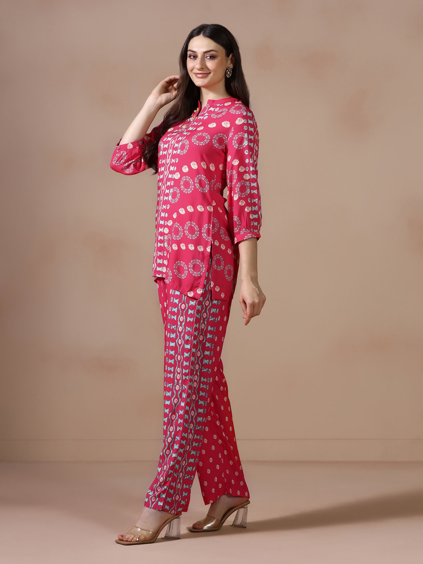 Women Liva Pink Geometric Print Co Ord Set