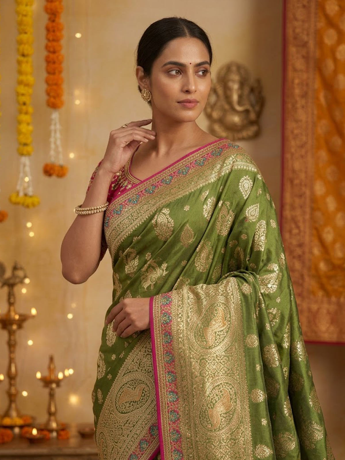 Women Olive and Red Viscose Saree With Stitch Blouse