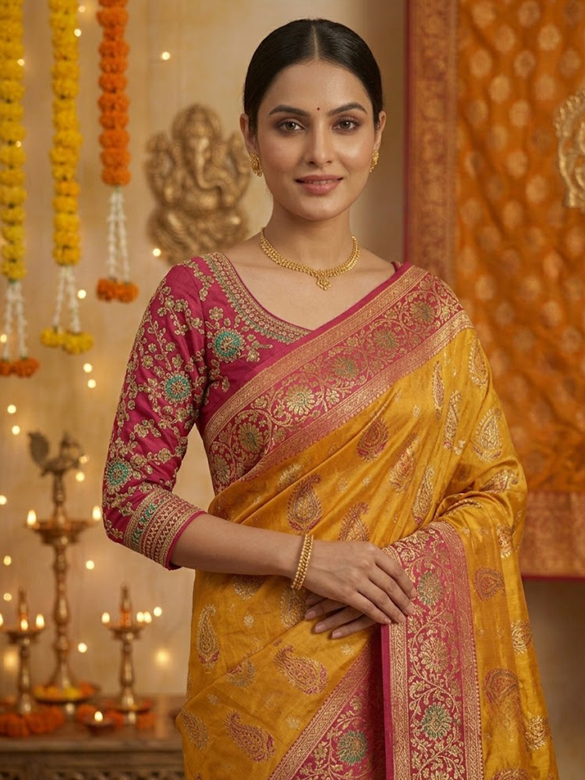 Women Yellow And Red Viscose Saree With Stitch Blouse