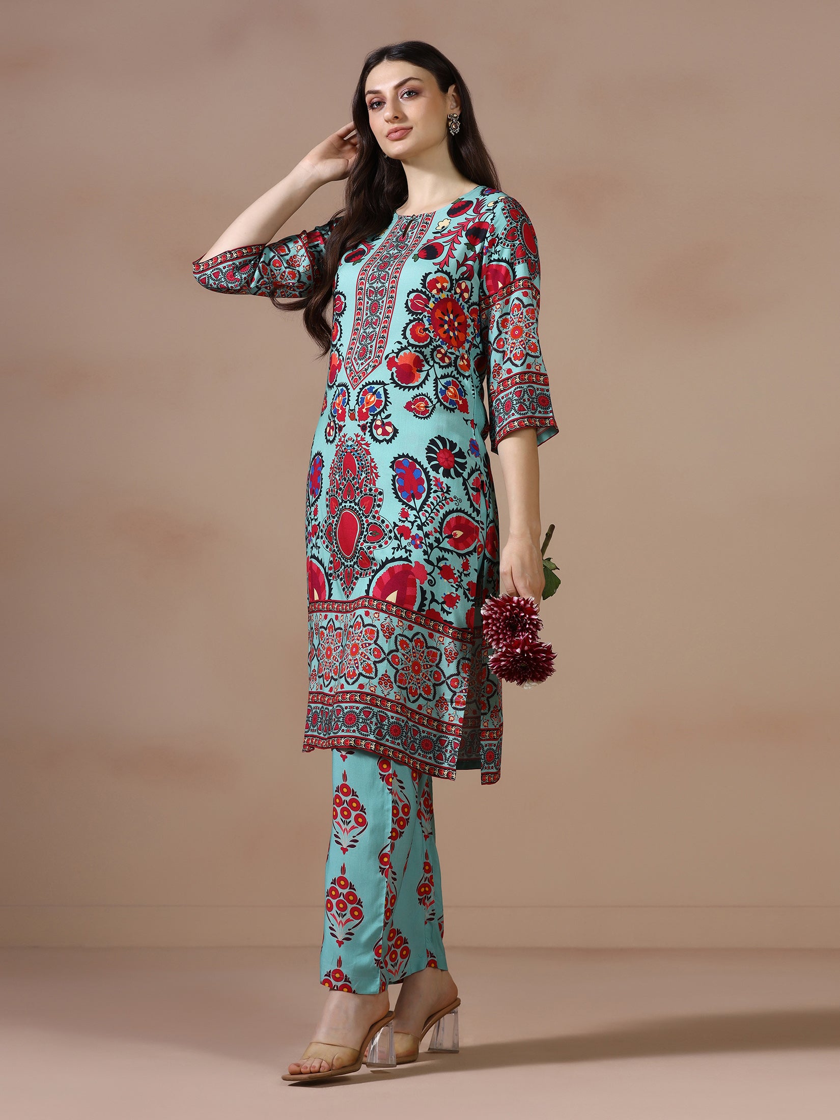 Women Liva Green Printed Kurta With Comfort Pant
