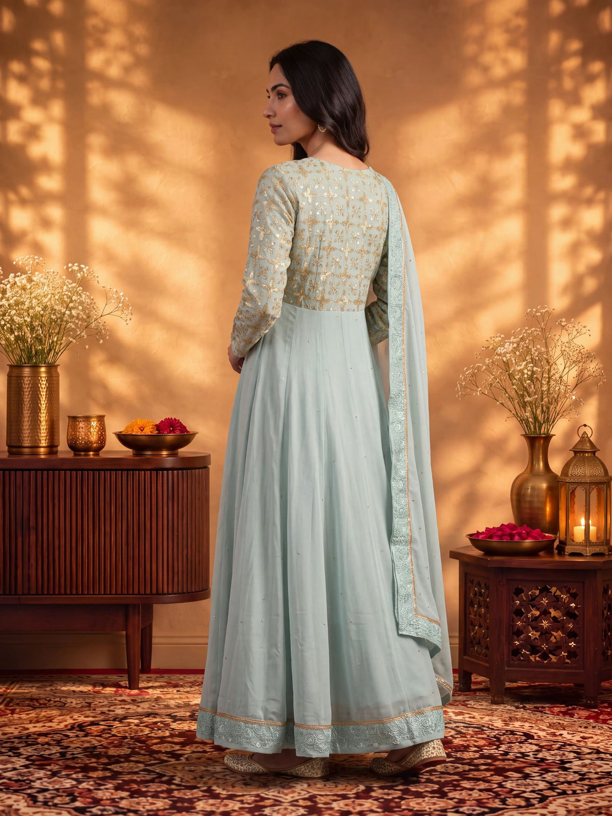 Women Ice Blue Georgette Embroidered Dress With Dupatta