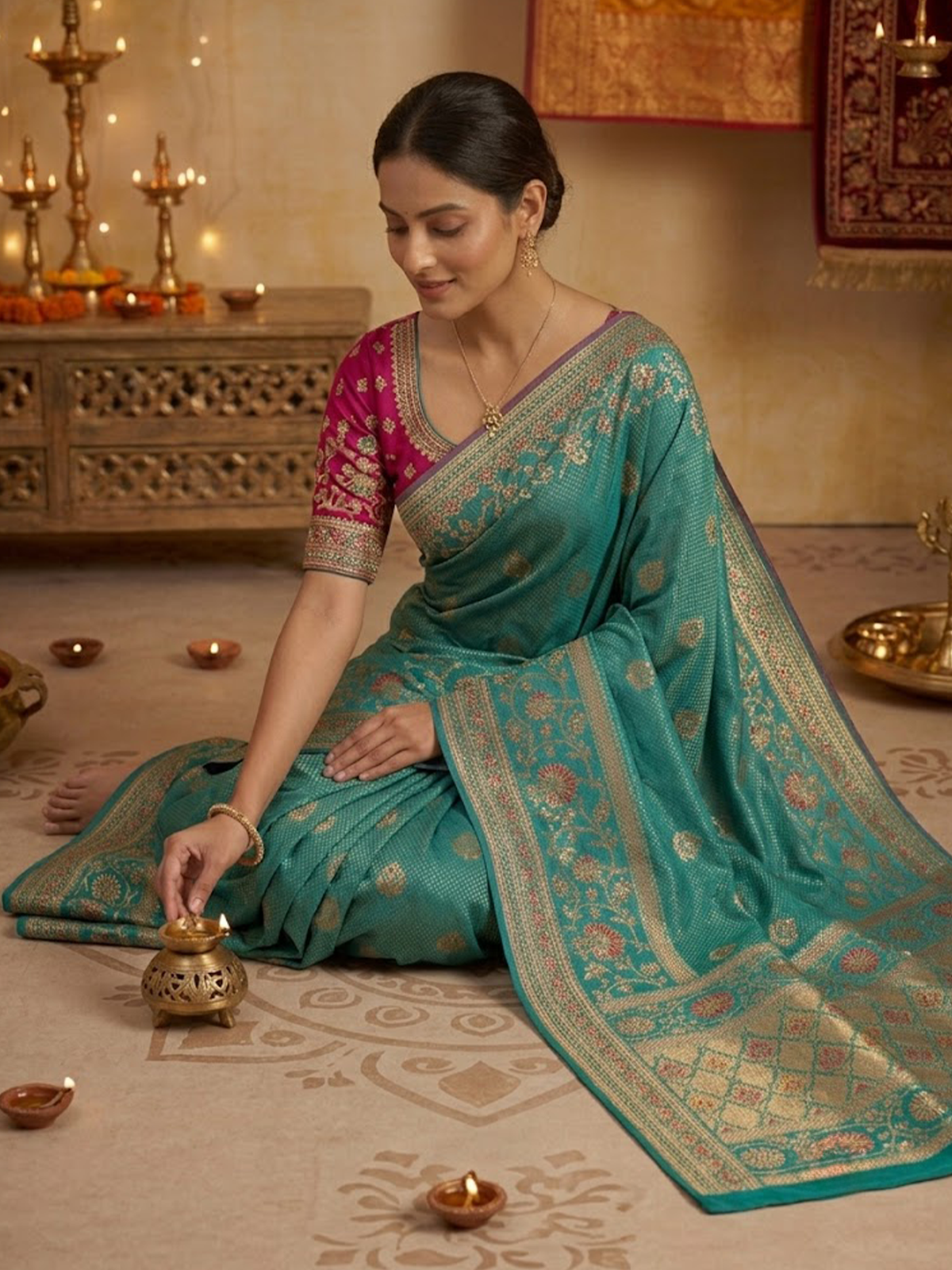 Women Peacock Blue Viscose Saree With Stitch Blouse