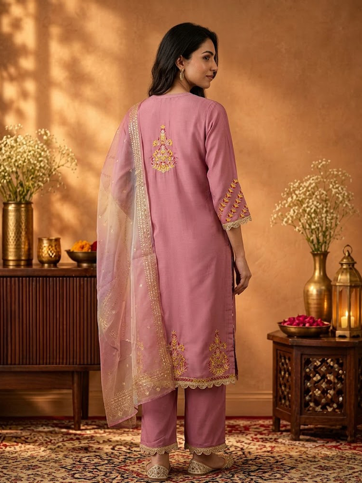 Women Onion Pink Poly Viscose Slub Solid Kurta Comfort Pant Dupatta