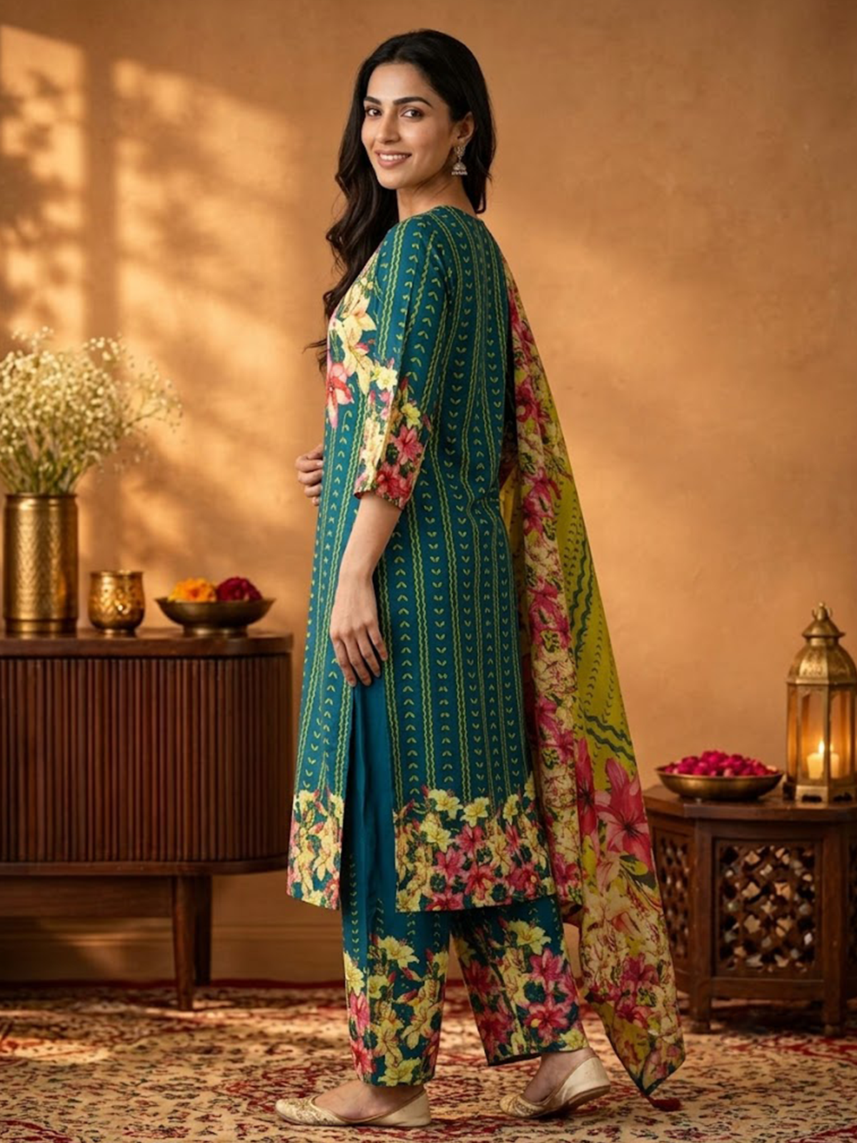 Women Teal Green Rayon Floral Kurta Comfort Pant Dupatta