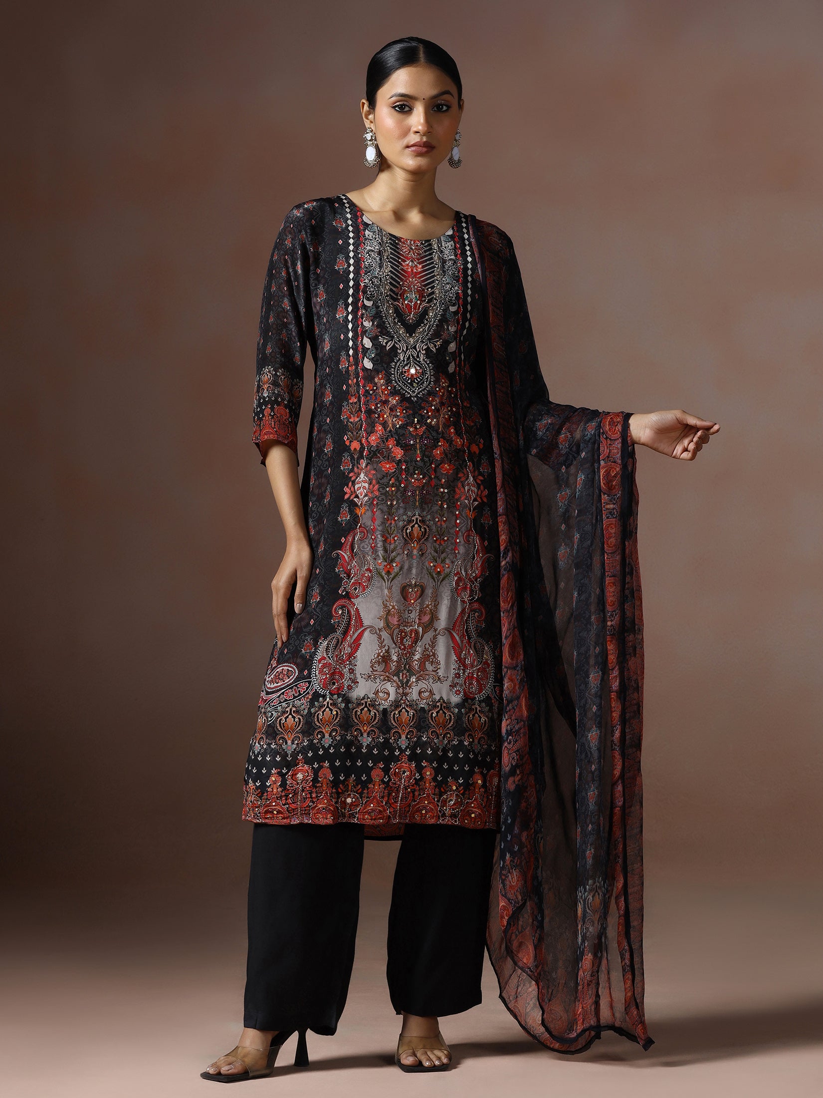 Women Natural Crepe Black Printed Kurta Comfort Pant Dupatta