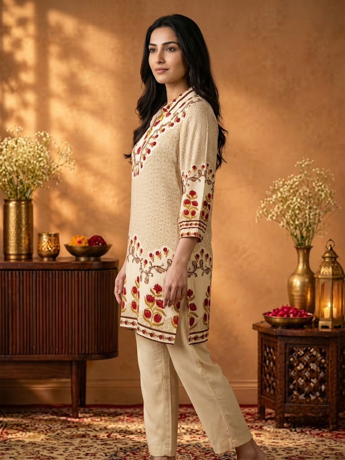Women Off White Rayon Floral Tunic