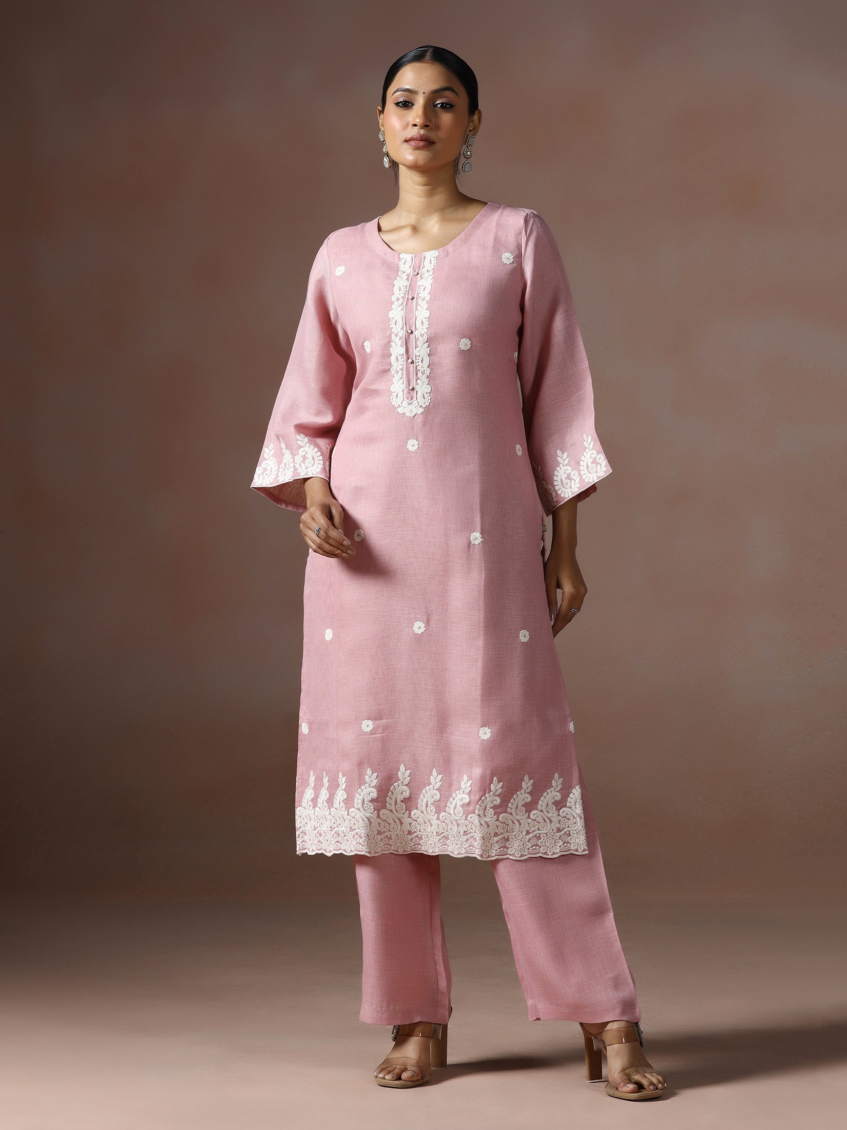 Women Linen Pink Solid embroidered Kurta Comfort Pant Dupatta