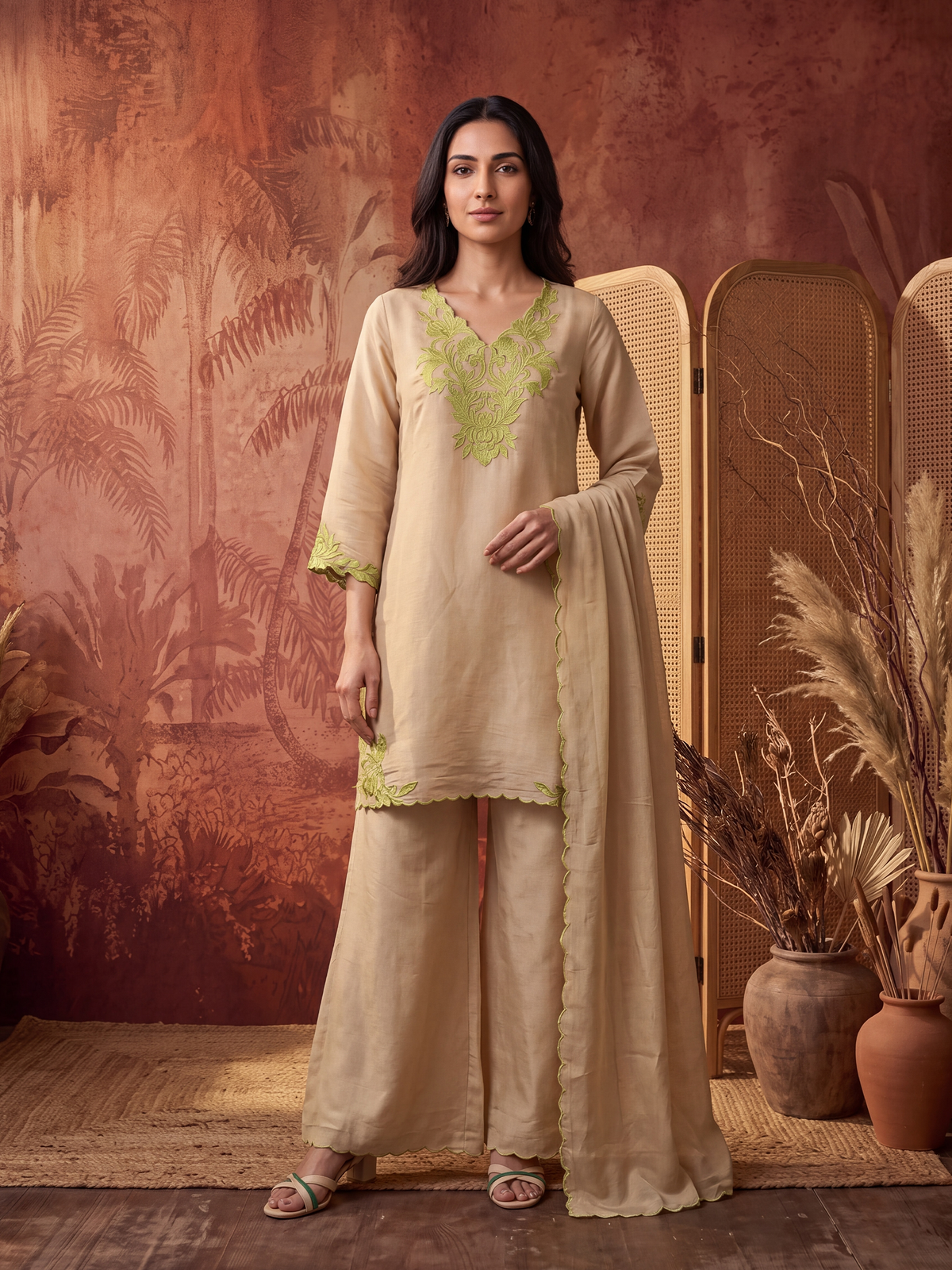 Women Beige Mull Chanderi Embroidered Kurta Wide Leg Pant Dupatta