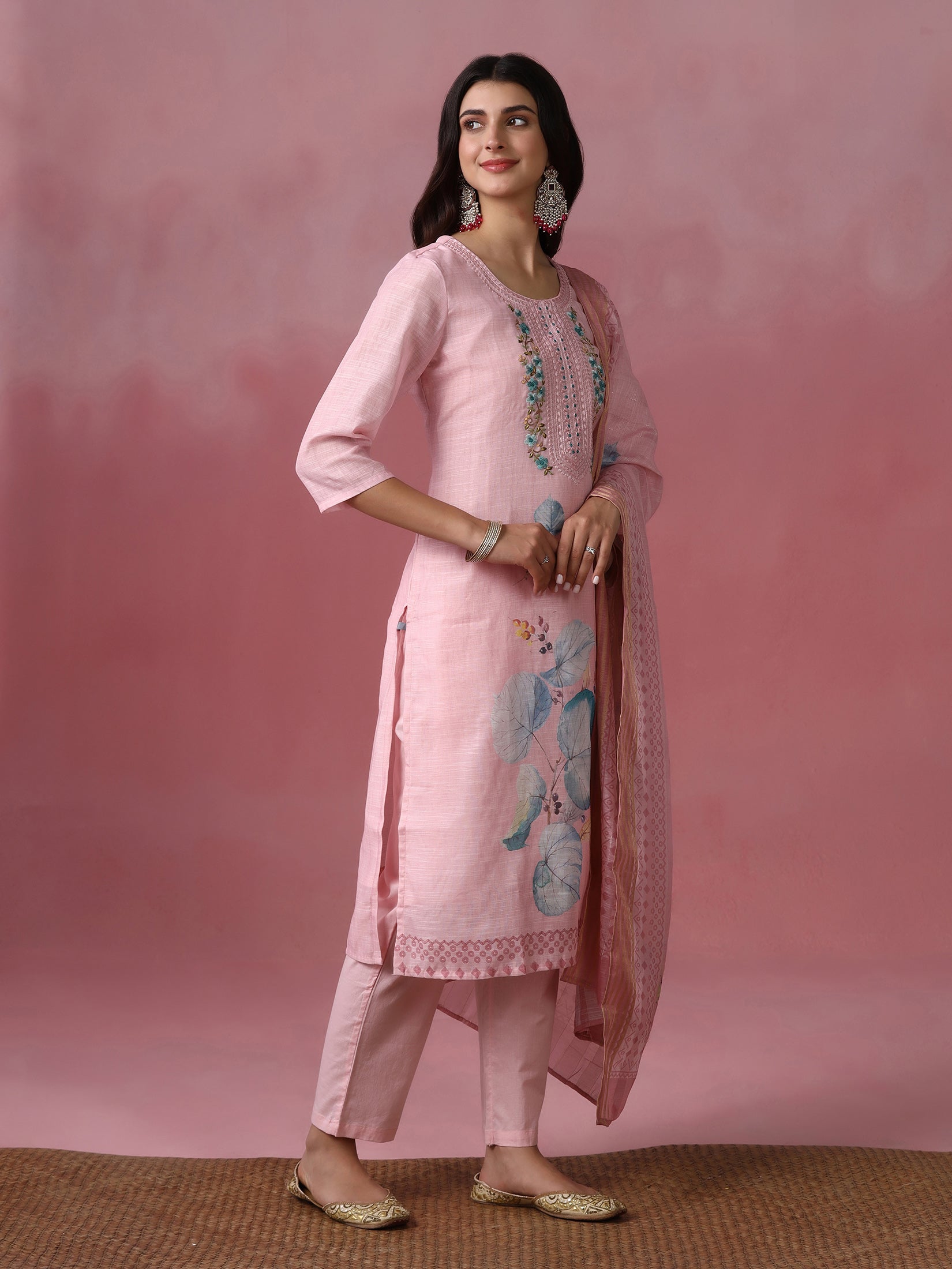 Women Viscose Pink Embroidered Kurta Trouser Pant Dupatta