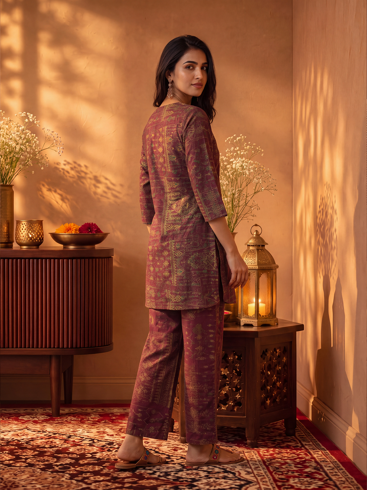 Women Burgundy Rayon Block Print Co-Ord Set