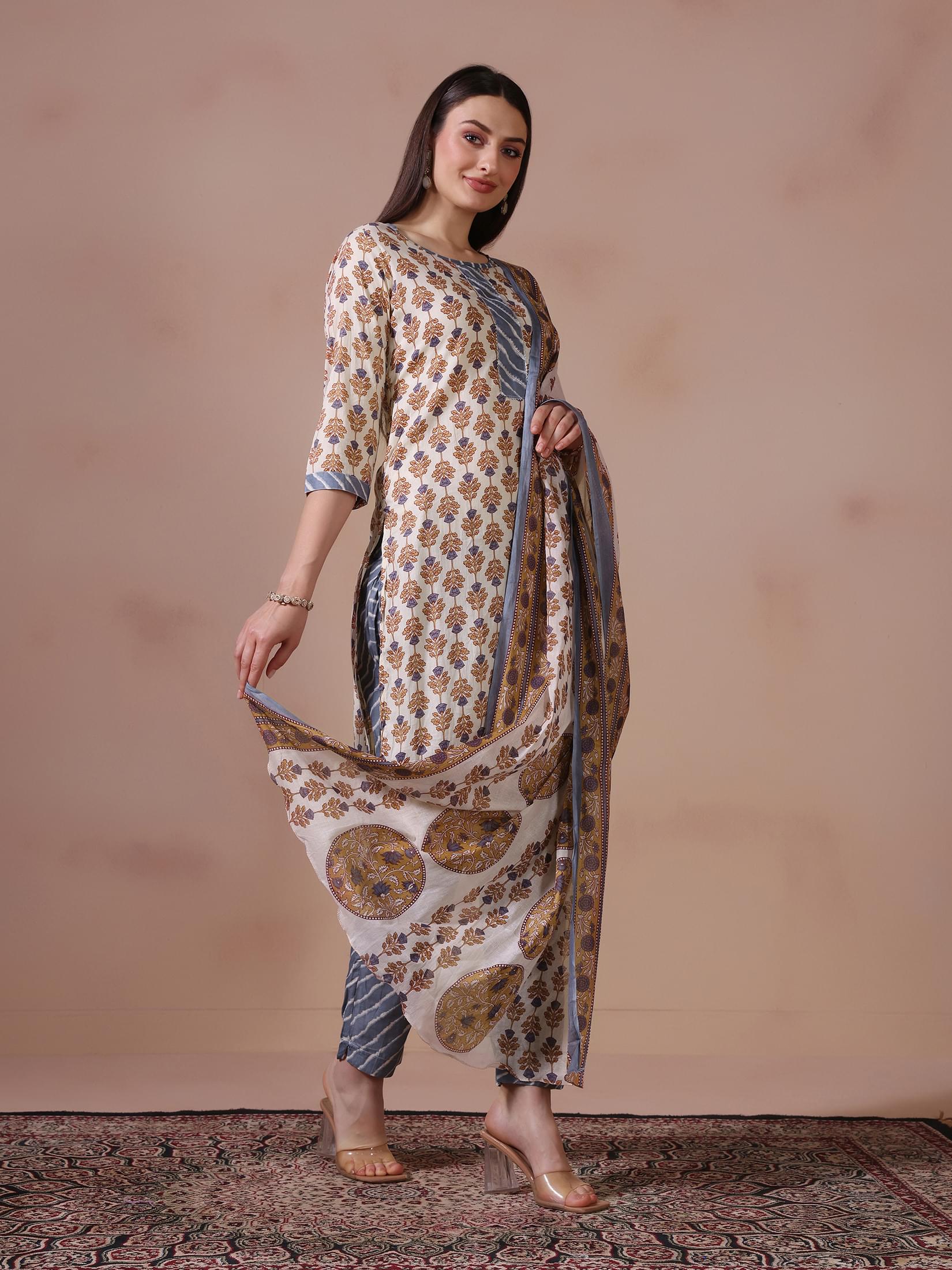 Women Cotton Cream Printed Kurta Trouser Dupatta.