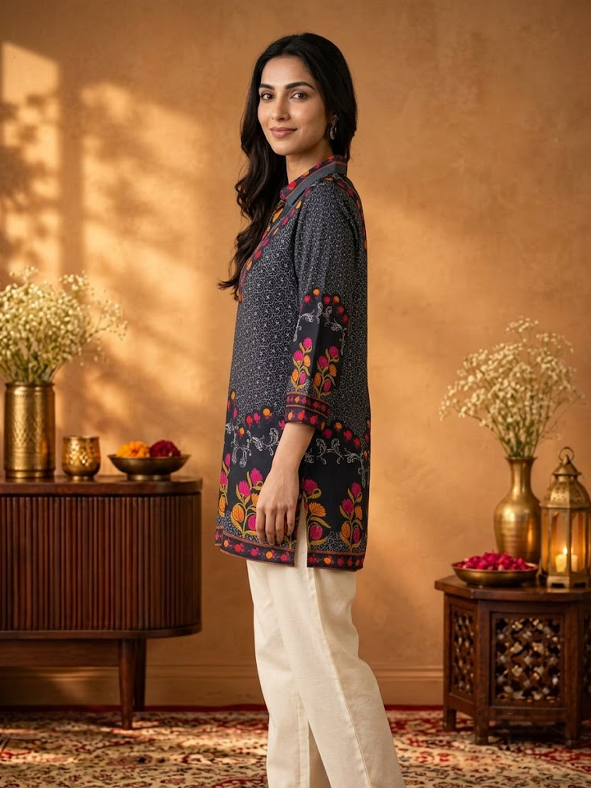 Women Black Rayon Floral Tunic