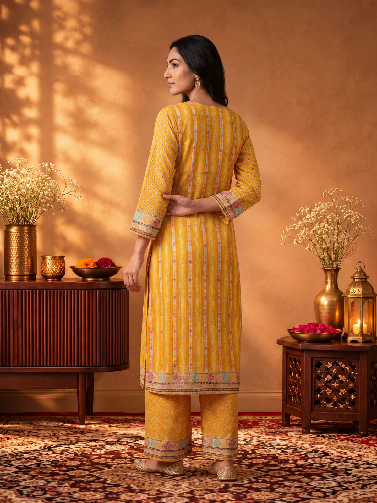 Women Coral Red Burlin Floral Kurta Comfort Pant Dupatta