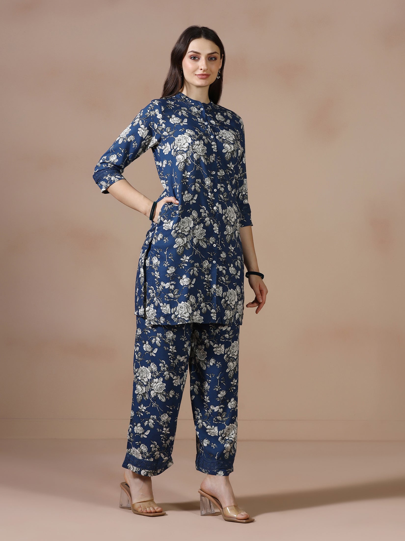 Women Liva Indigo Printed Co Ord Set