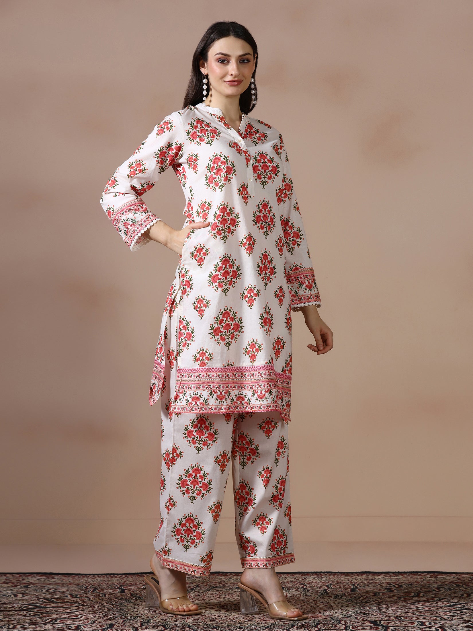 Women Cotton Off White and Peach Printed Co Ord Set