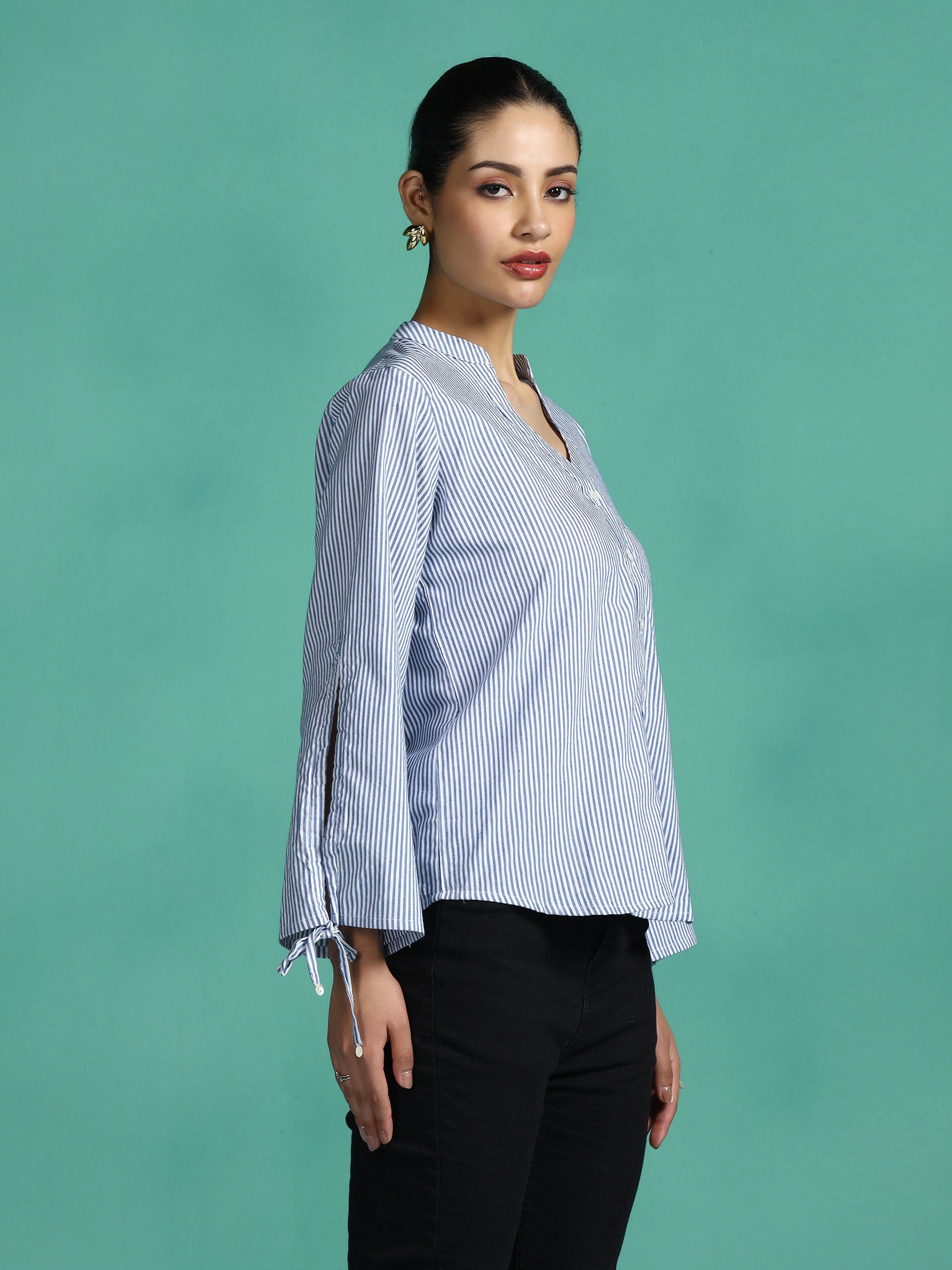 Women Cotton Blue Yarn Dyed Top