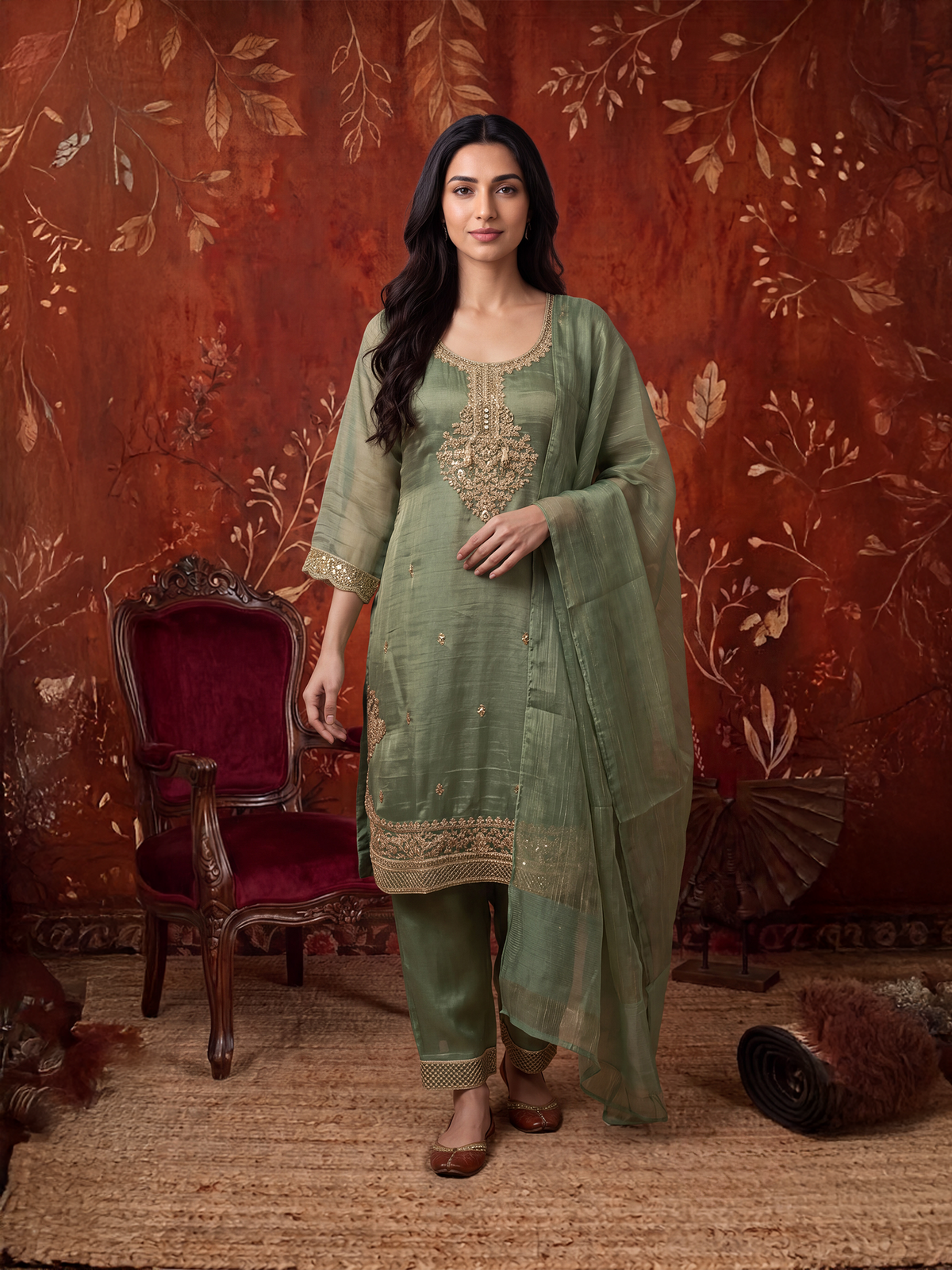 Women Olive Poly Viscose Tissue Embroidered Kurta Palazzo Dupatta