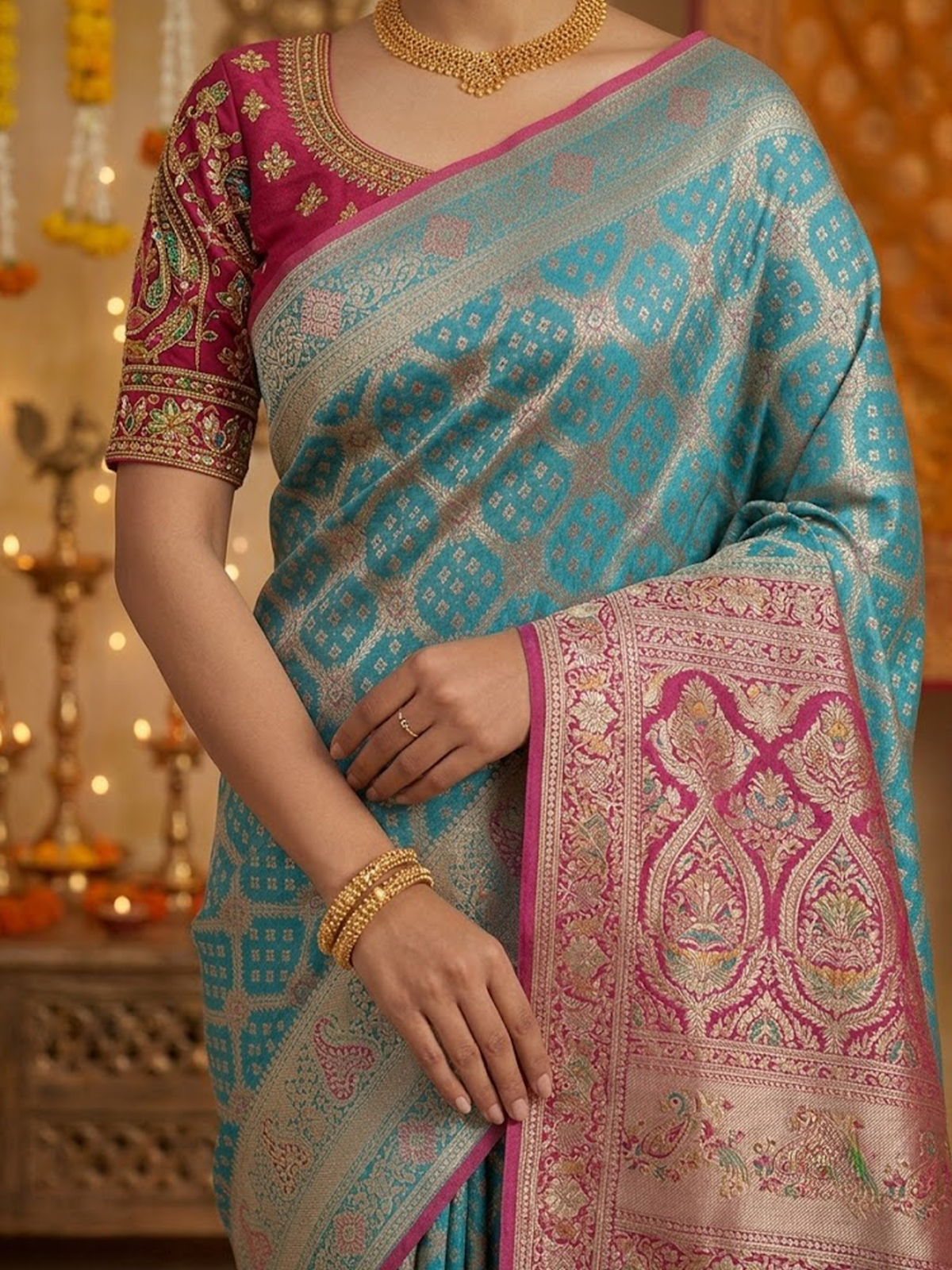 Women Turquoise And Pink Viscose Saree With Stitch Blouse