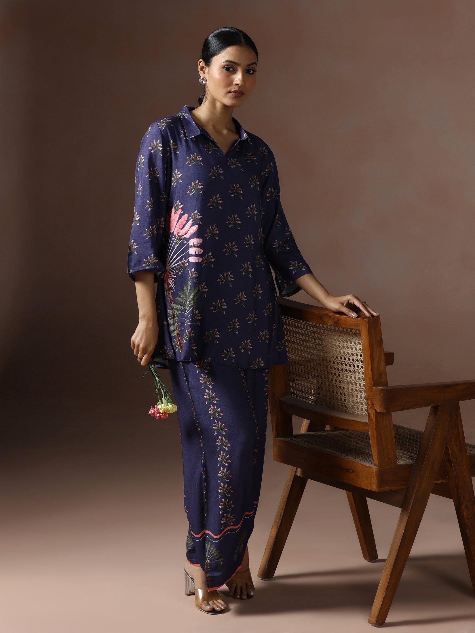 Women Liva Blue Floral Print Co Ord Set