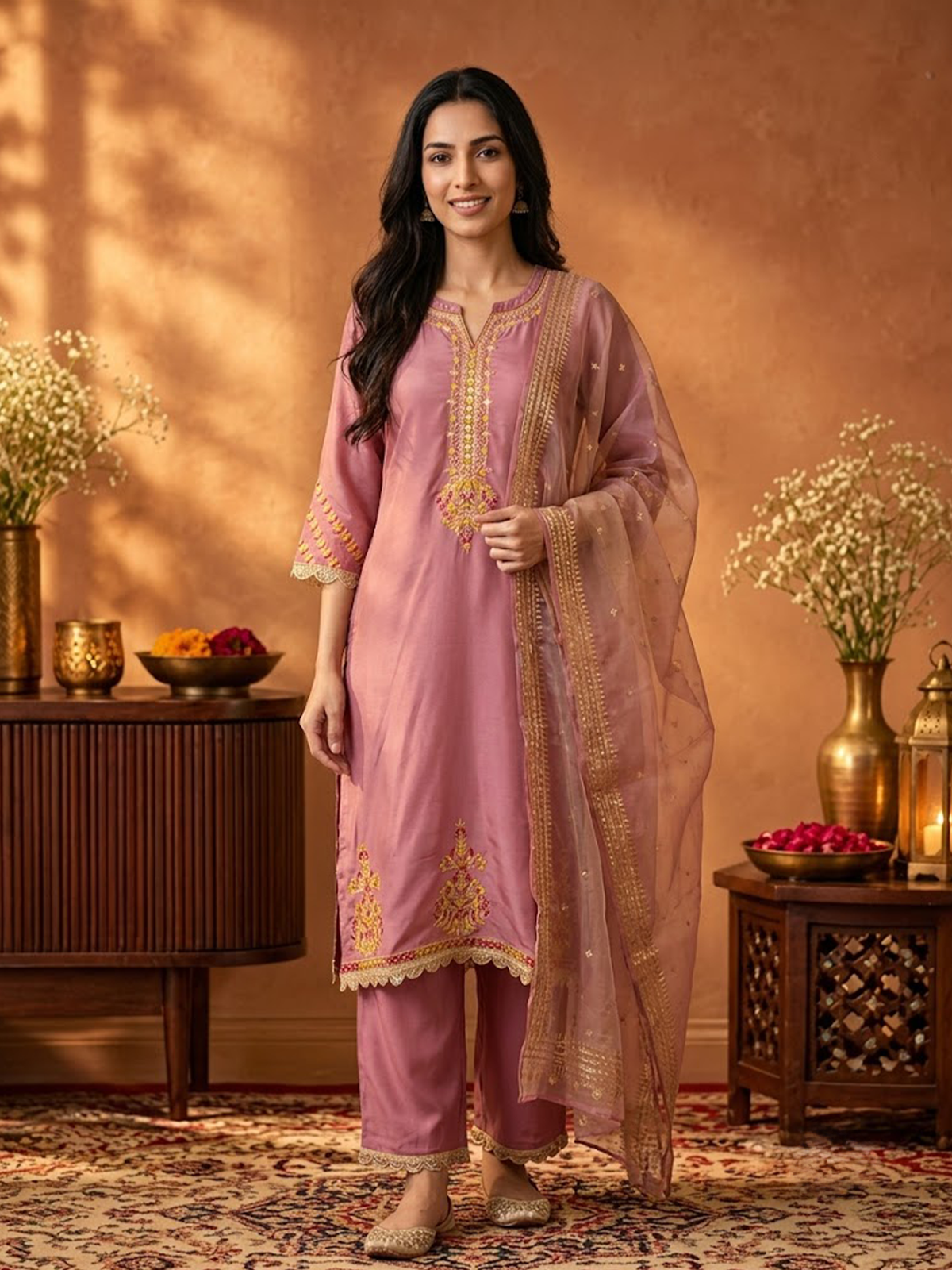 Women Onion Pink Poly Viscose Slub Solid Kurta Comfort Pant Dupatta