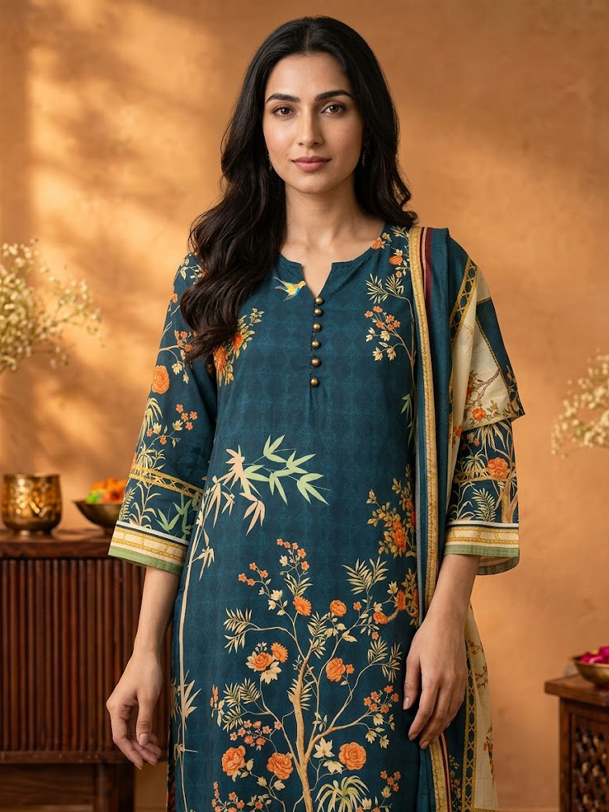 Women Dark Blue Rayon Floral Kurta Comfort Pant Dupatta