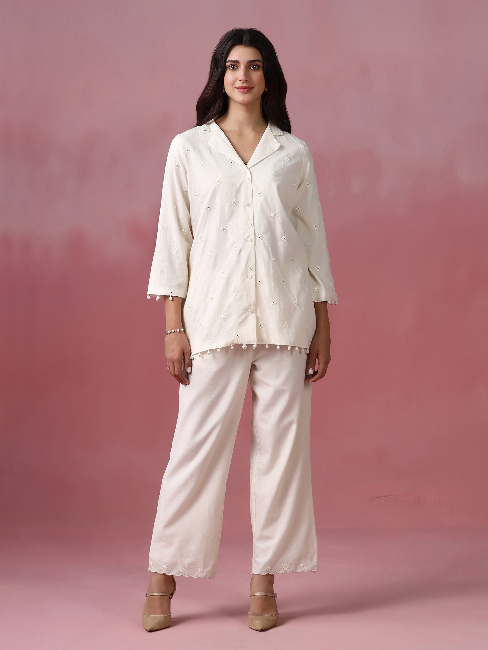 Women Cotton Off White With Embroidered Work Co Ord Set