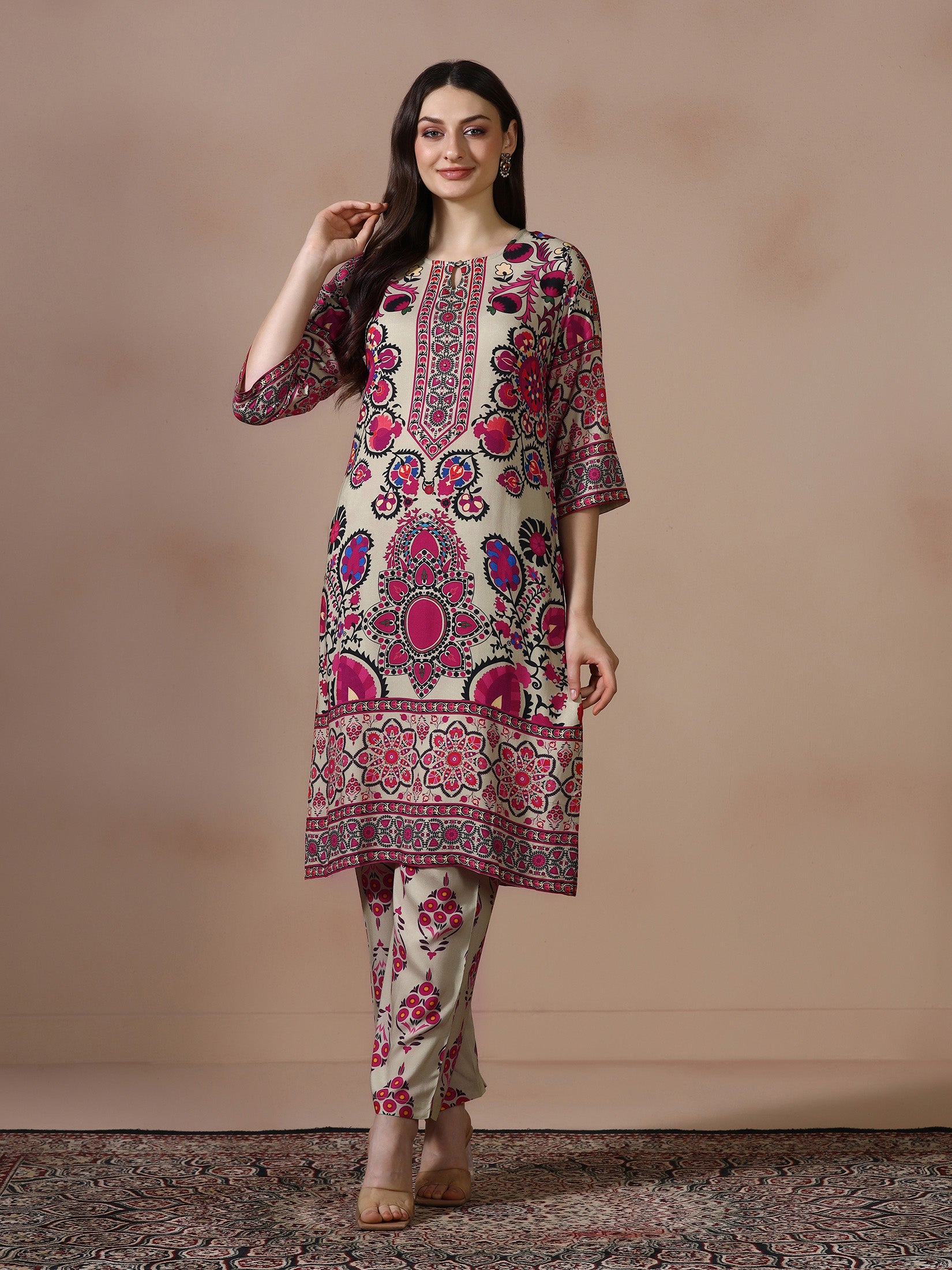 Women Liva Beige Printed Kurta With Comfort Pant