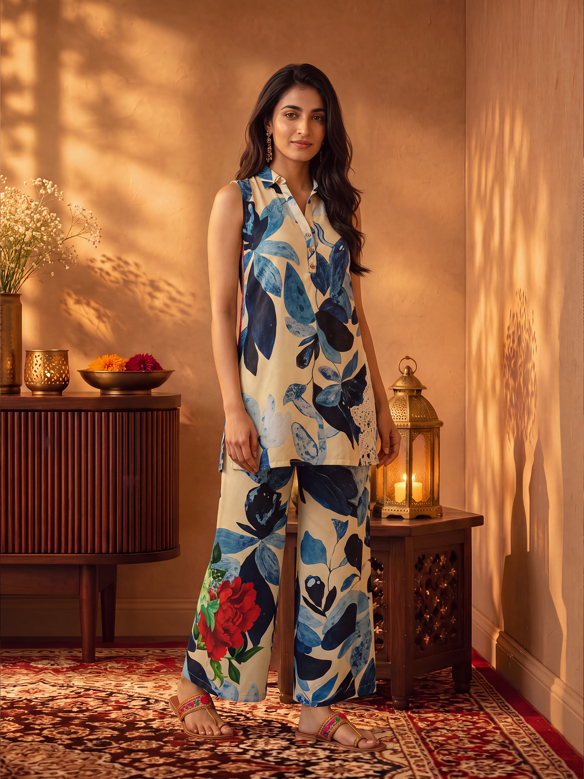 Women Off White & Blue Rayon Leaf Co-Ord Set