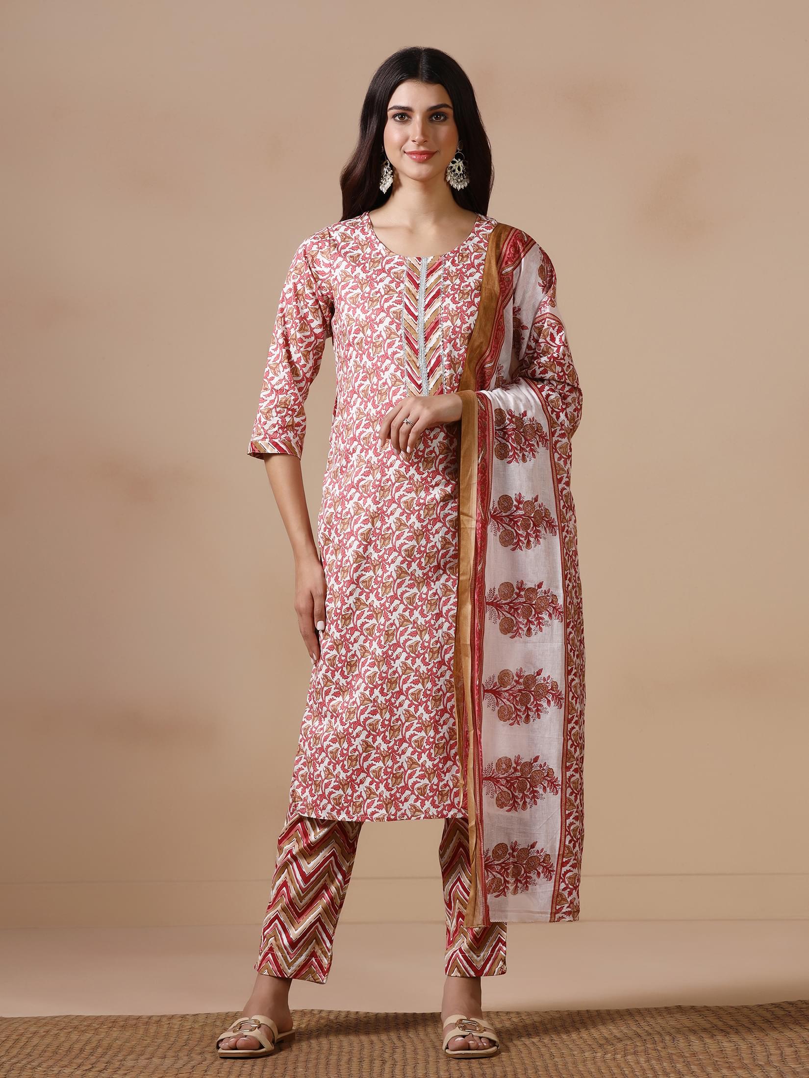 Women Cotton Maroon Printed Kurta Trouser Dupatta.