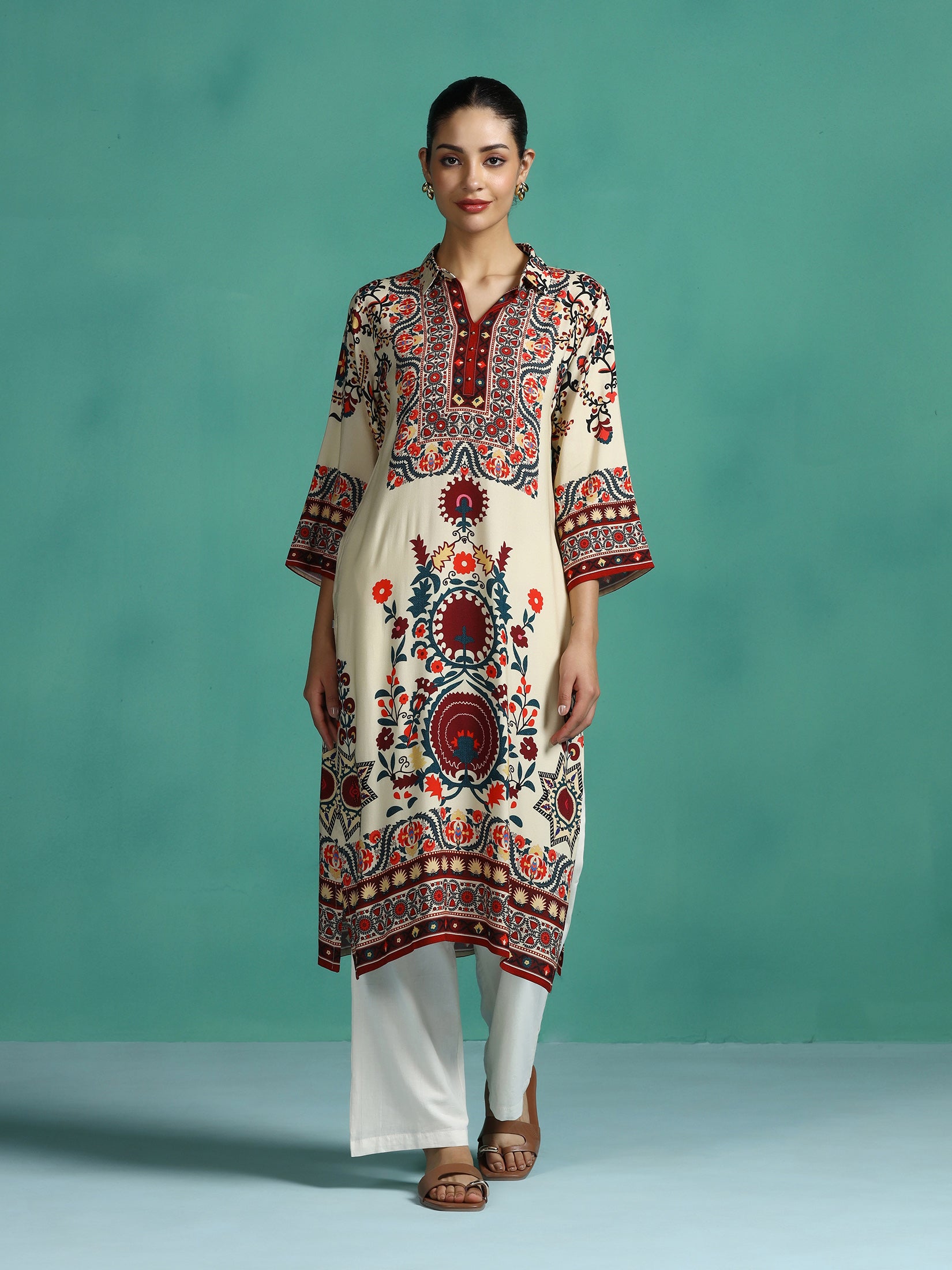 Women Liva Beige Printed Kurta