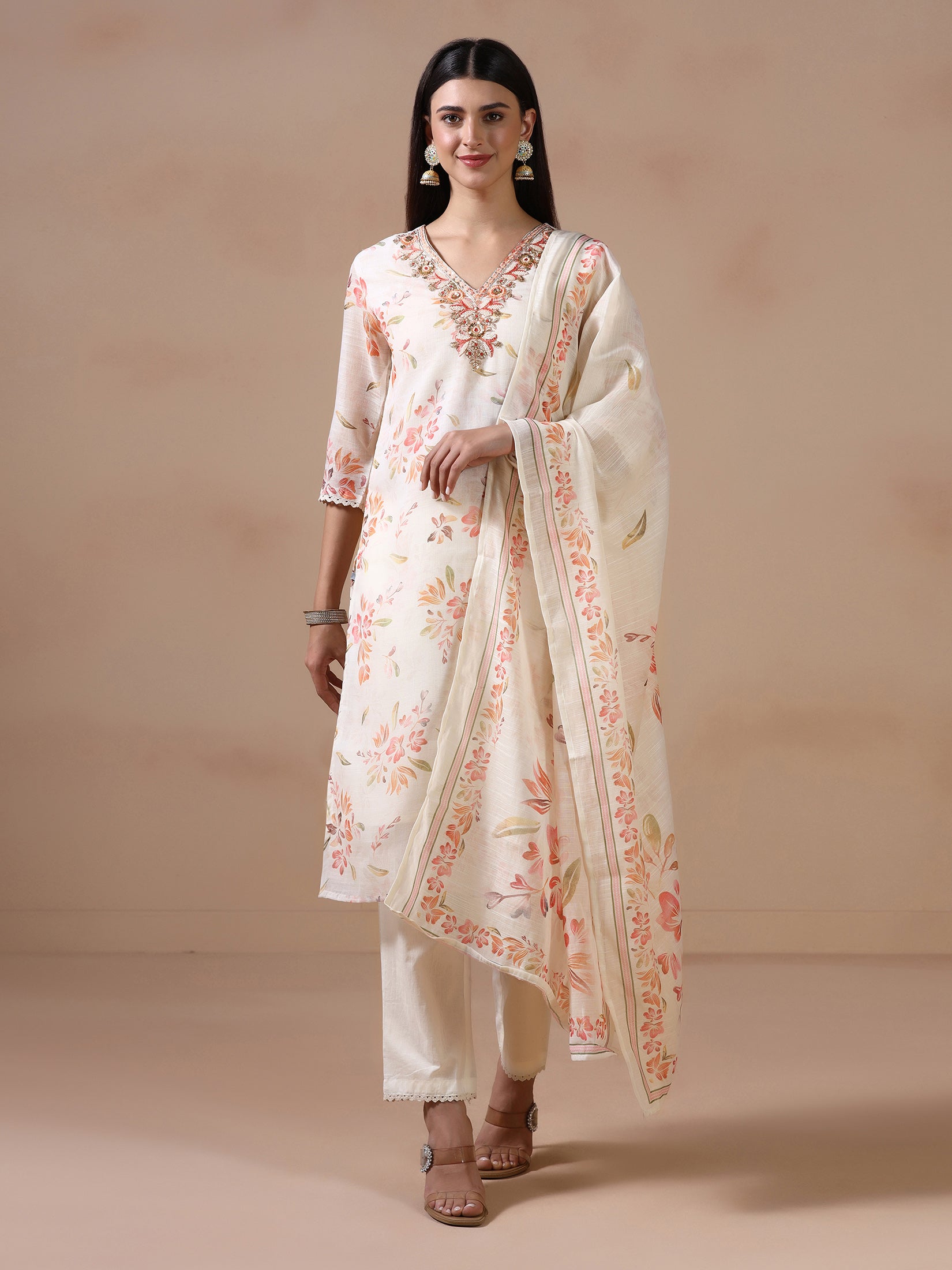 Women Poly Viscose Off White Embroidered Kurta Trouser Dupatta