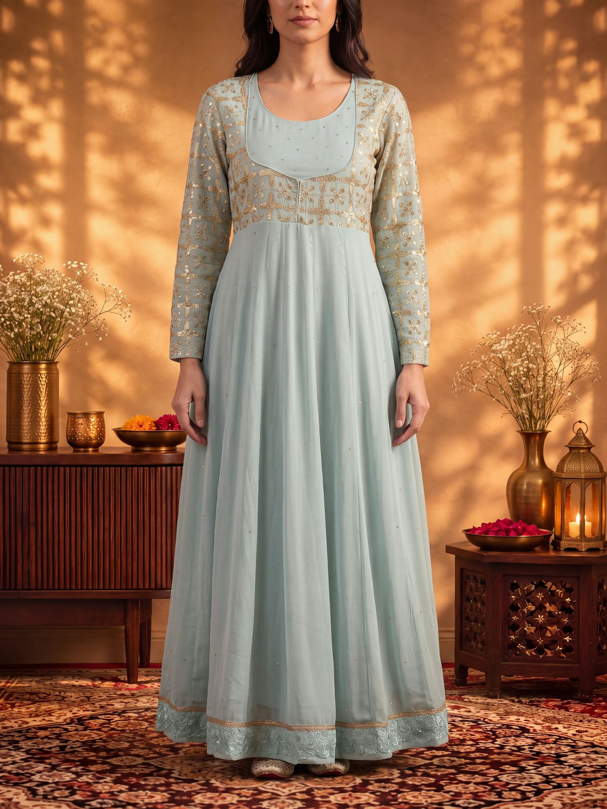 Women Ice Blue Georgette Embroidered Dress With Dupatta