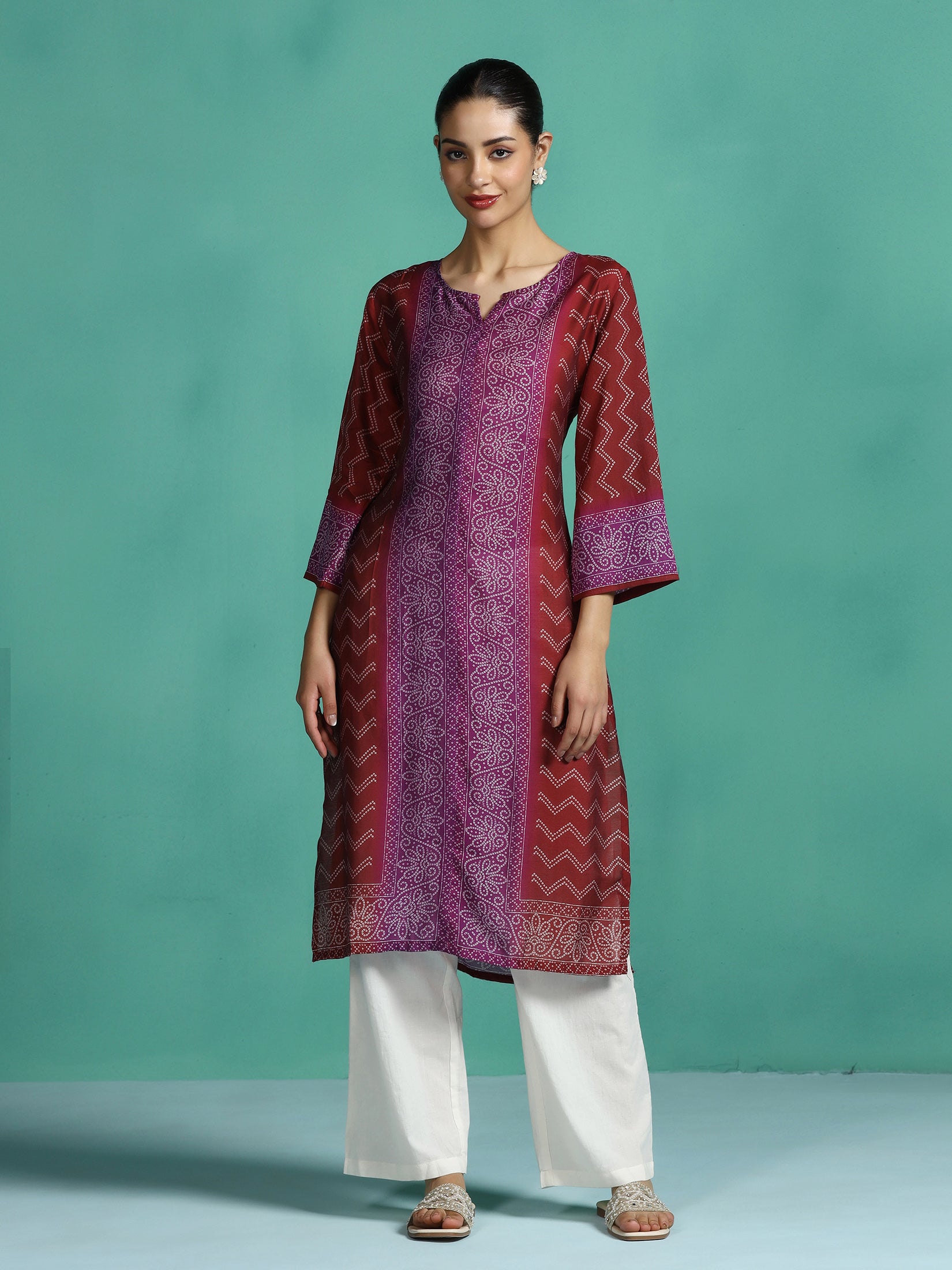 Women Chanderi Purple Printed Kurta