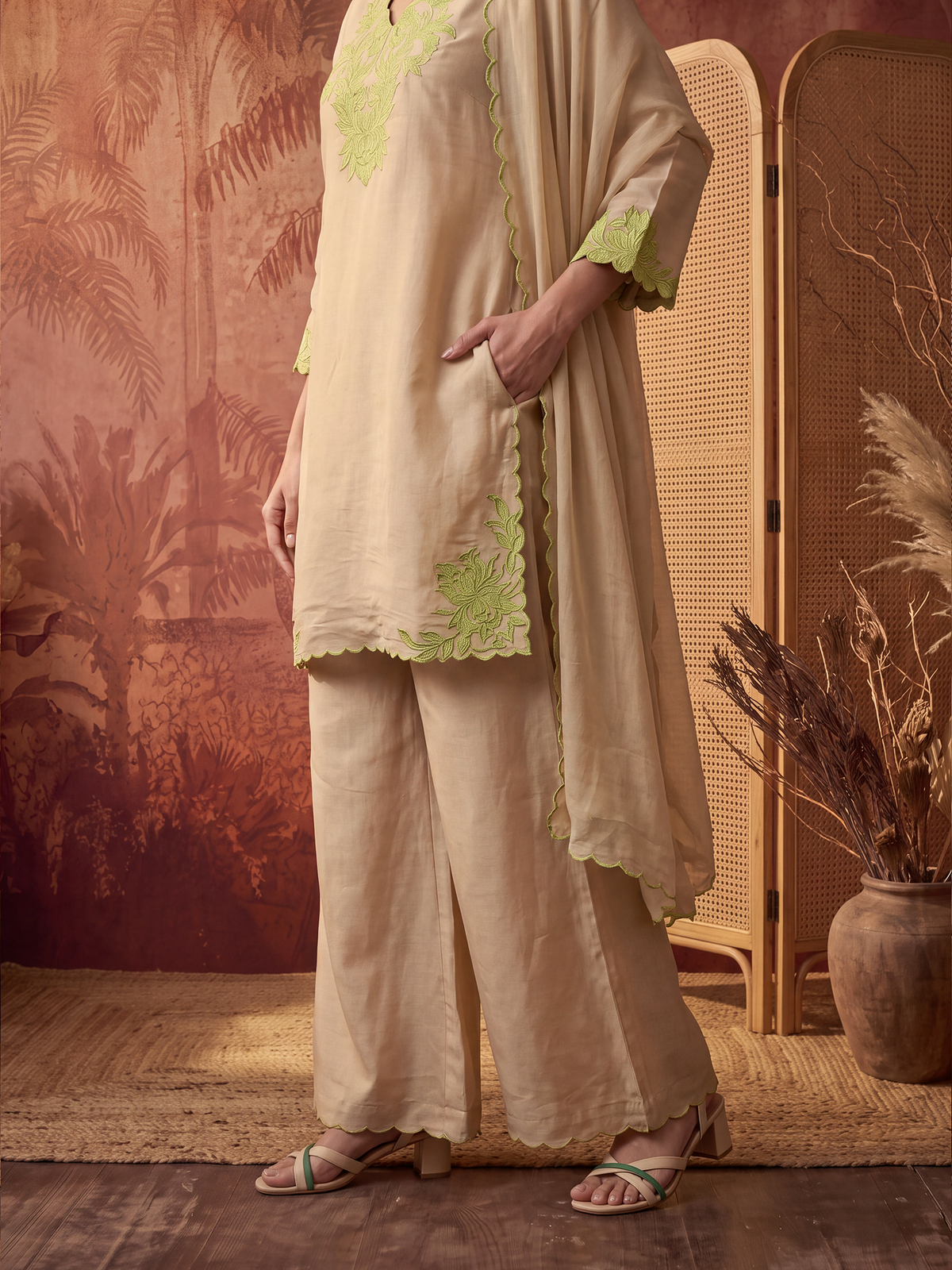 Women Beige Mull Chanderi Embroidered Kurta Wide Leg Pant Dupatta