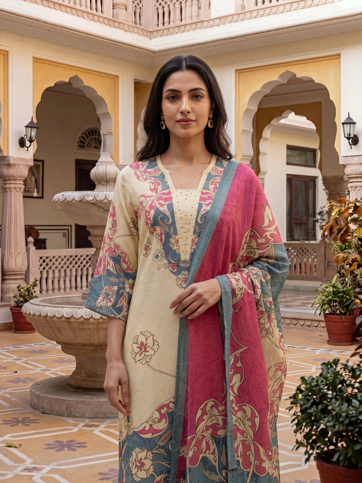 Women Beige Multi Rayon Floral Kurta Comfort Pant Dupatta