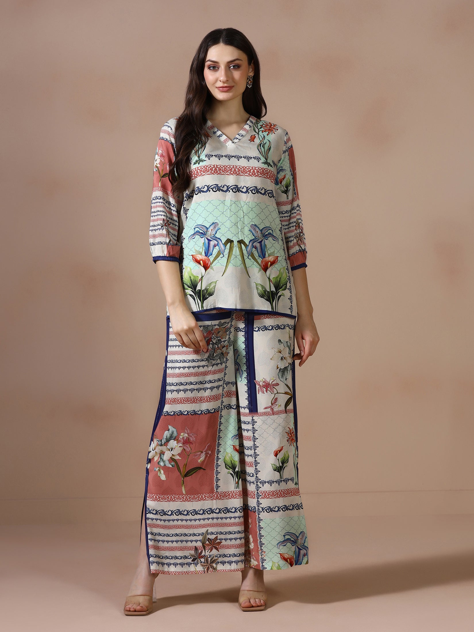 Women Liva Beige Printed Co Ord Set