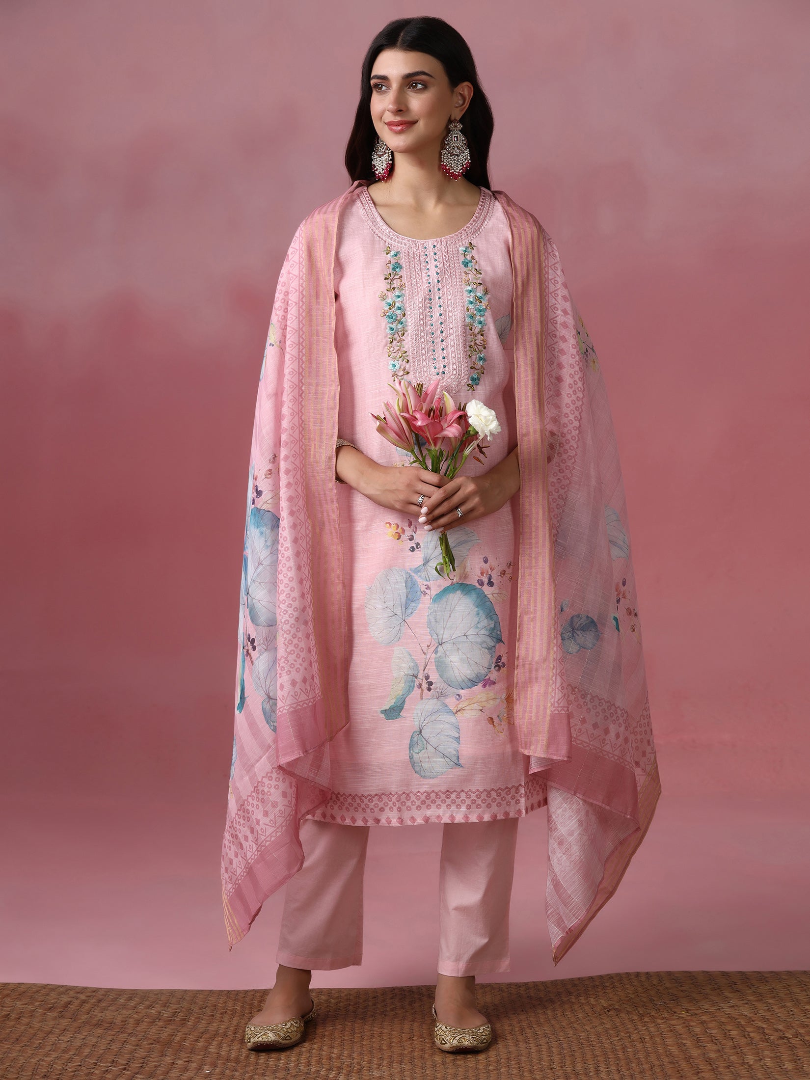 Women Viscose Pink Embroidered Kurta Trouser Pant Dupatta
