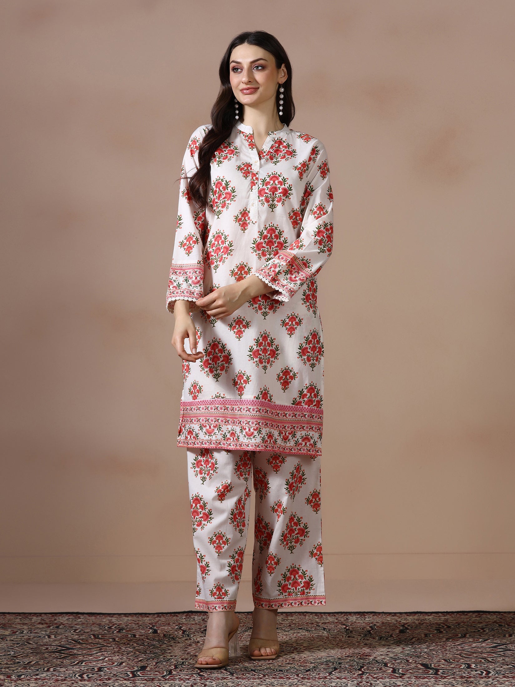 Women Cotton Off White and Peach Printed Co Ord Set